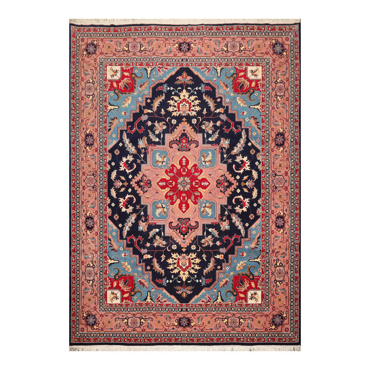 9x12 Navy, Rose, Blue Color Hand Knotted All-Over 100% Wool Traditional Oriental Rug