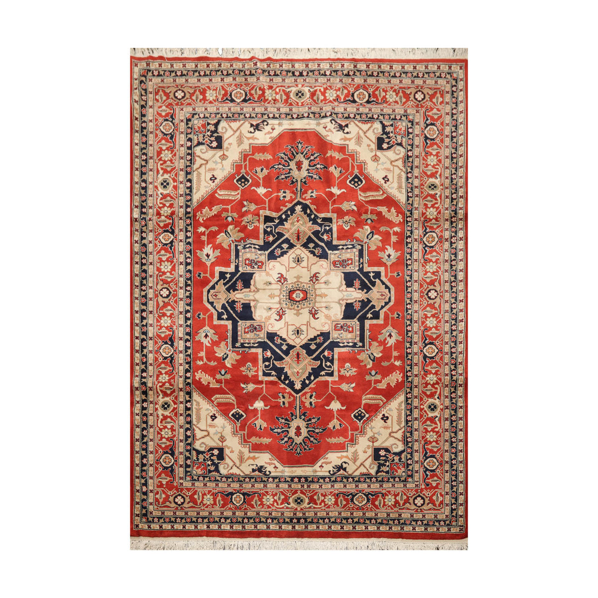 9x12 Burnt Orange, Beige, Navy Color Hand Knotted All-Over 100% Wool Traditional Oriental Rug