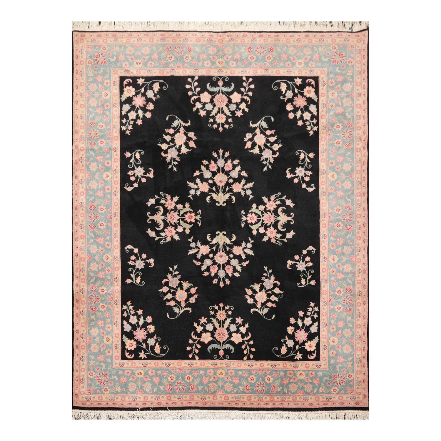 8x10 Black, Turquoise, Pink Color Hand Knotted All-Over 100% Wool Traditional Oriental Rug
