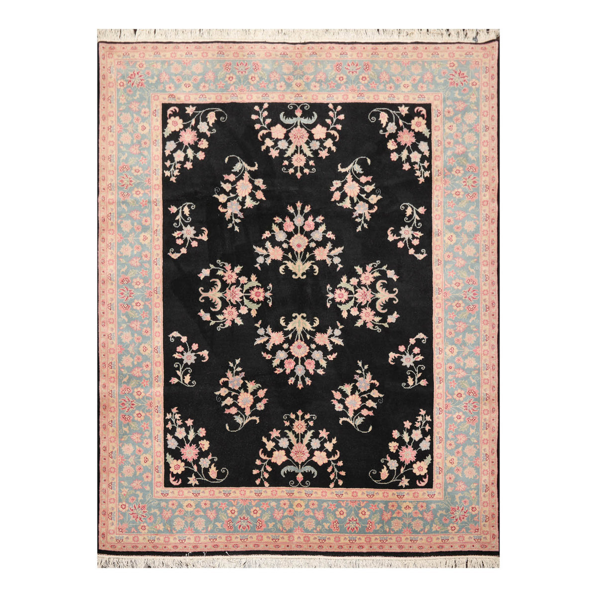 8x10 Black, Turquoise, Pink Color Hand Knotted All-Over 100% Wool Traditional Oriental Rug