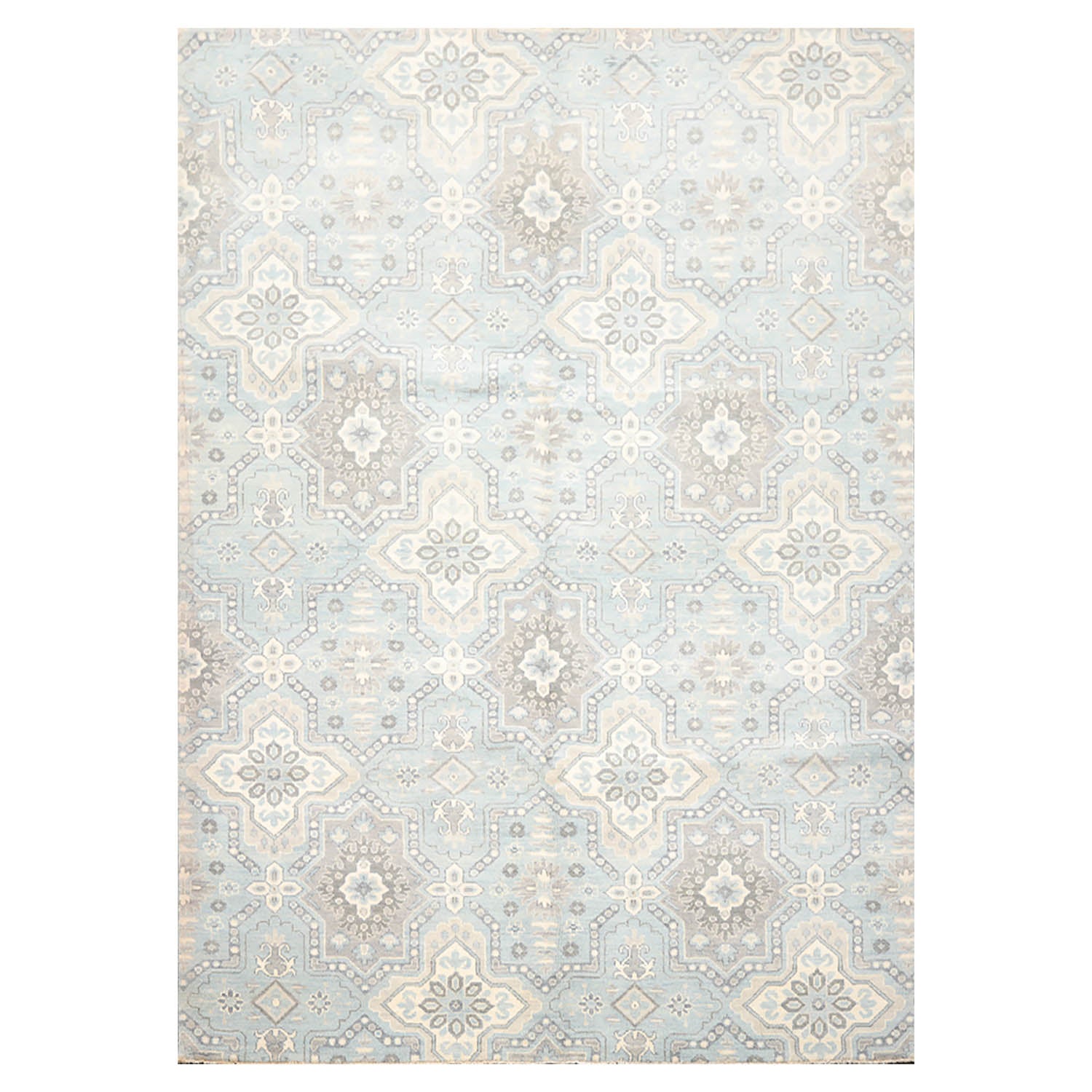 6x9 Blue, Ivory, Gray Color Hand Knotted Geometric 100% Wool Transitional Oriental Rug
