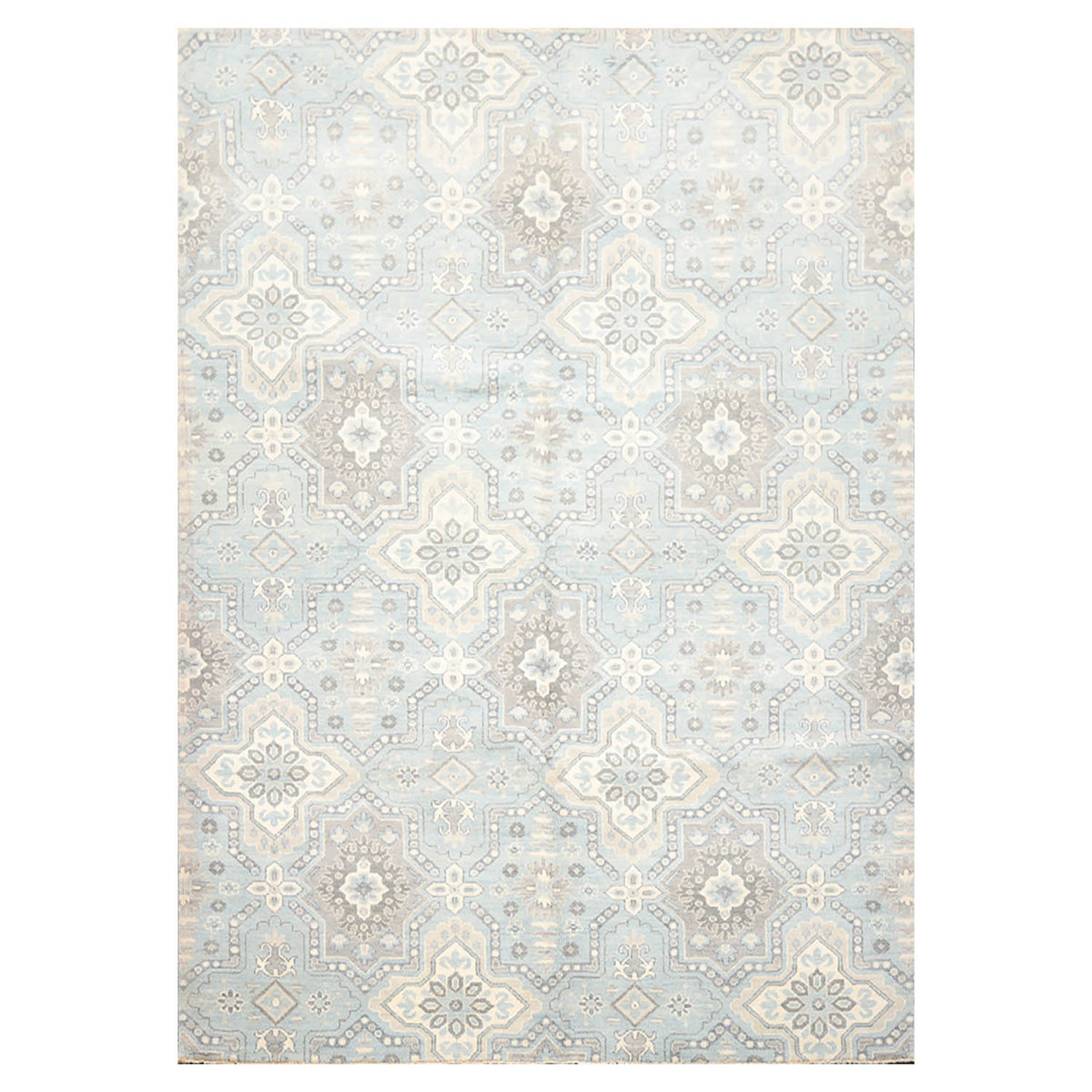 6x9 Blue, Ivory, Gray Color Hand Knotted Geometric 100% Wool Transitional Oriental Rug