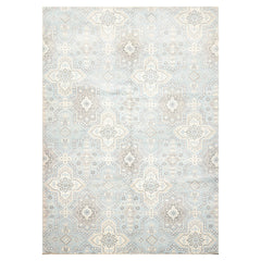 6x9 Blue, Ivory, Gray Color Hand Knotted Geometric 100% Wool Transitional Oriental Rug