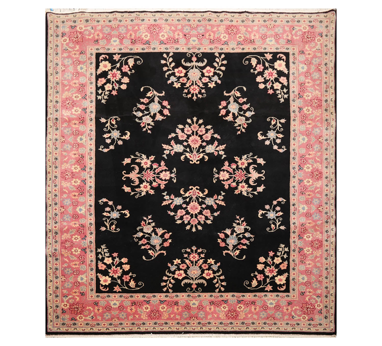 8x10 Black, Pink, Gray Color Hand Knotted All-Over 100% Wool Traditional Oriental Rug