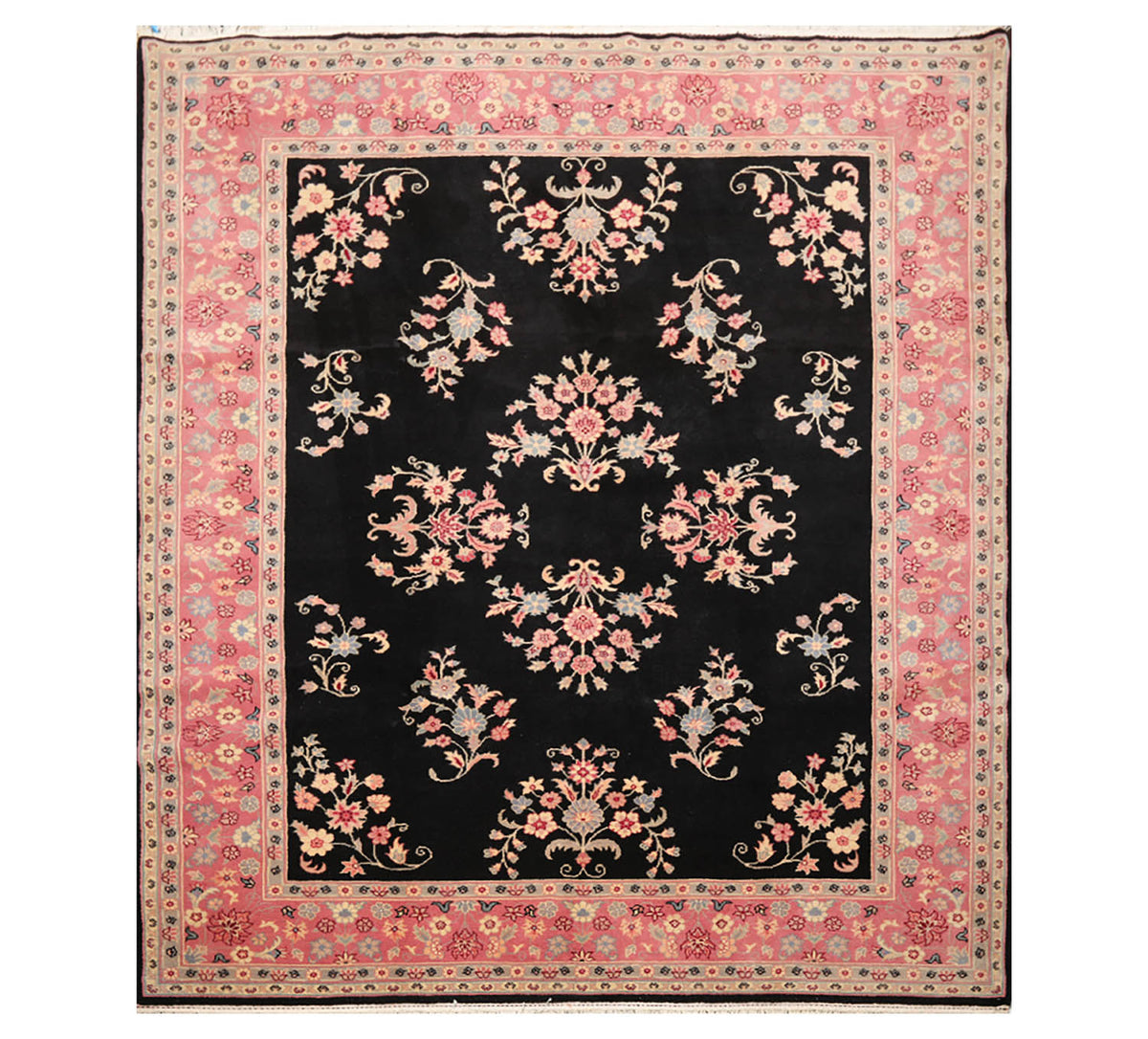 8x10 Black, Pink, Gray Color Hand Knotted All-Over 100% Wool Traditional Oriental Rug
