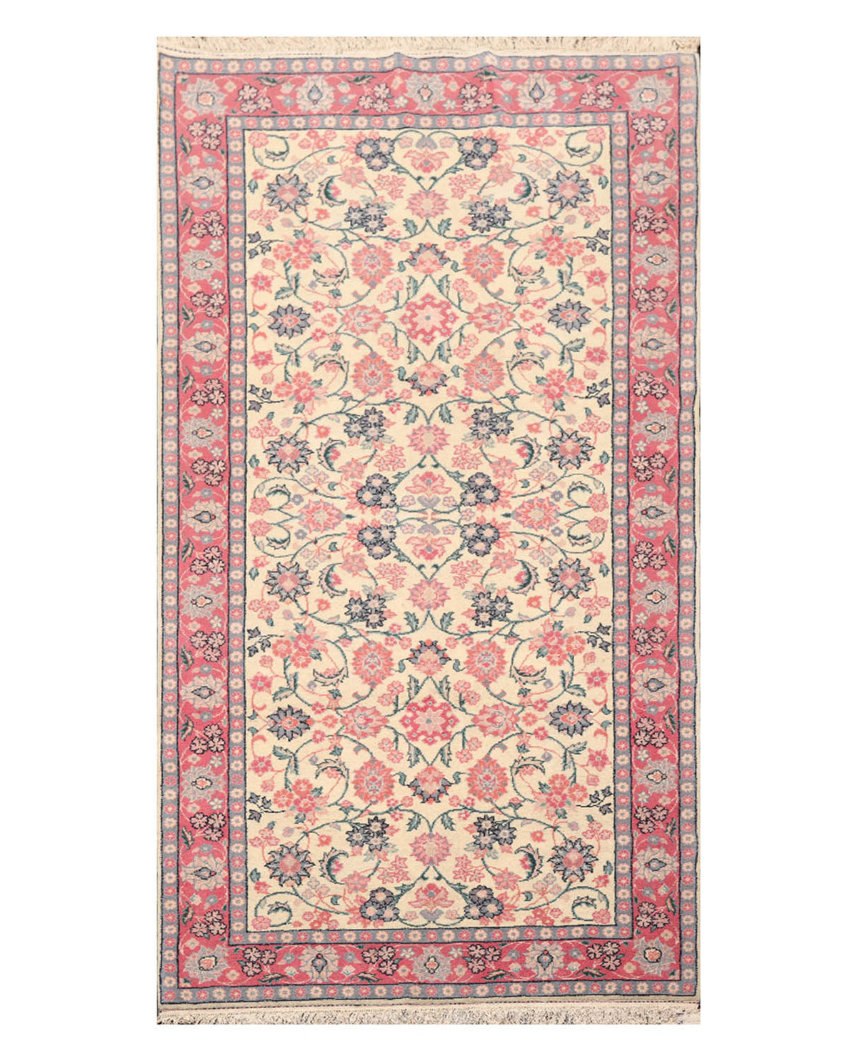 Runner Ivory, Pink, Blue Color Hand Knotted All-Over 100% Wool Traditional Oriental Rug