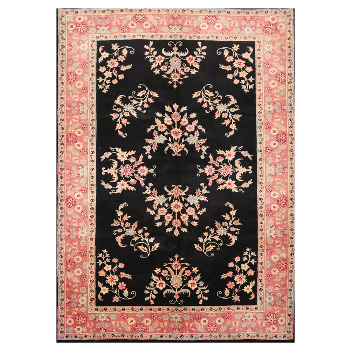 6x9 Black, Pink, Ivory Color Hand Knotted All-Over 100% Wool Traditional Oriental Rug