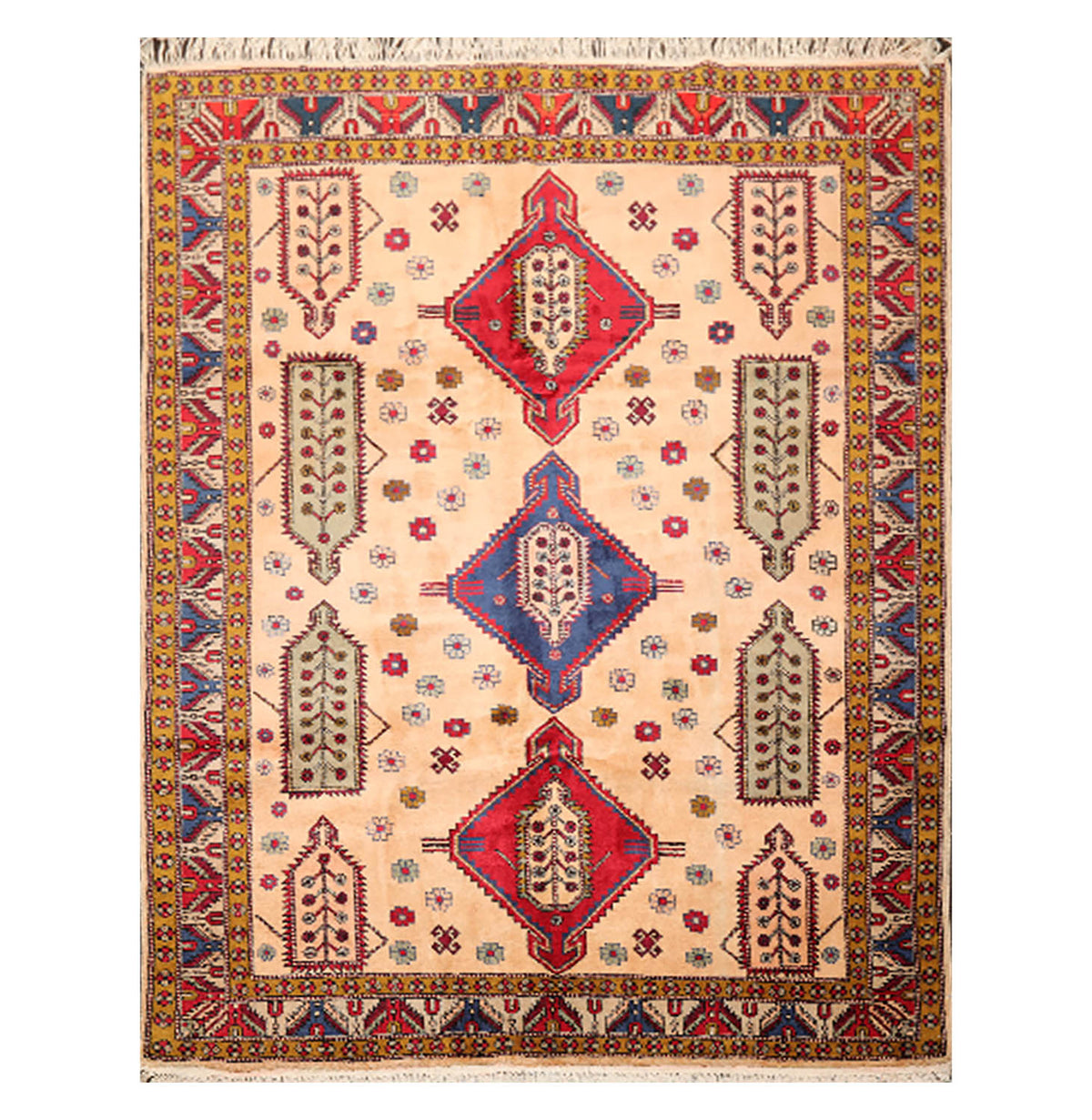 6x9 Light Peach, Royal Blue, Red Color Hand Knotted All-Over 100% Wool Traditional Oriental Rug
