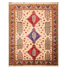 6x9 Light Peach, Royal Blue, Red Color Hand Knotted All-Over 100% Wool Traditional Oriental Rug