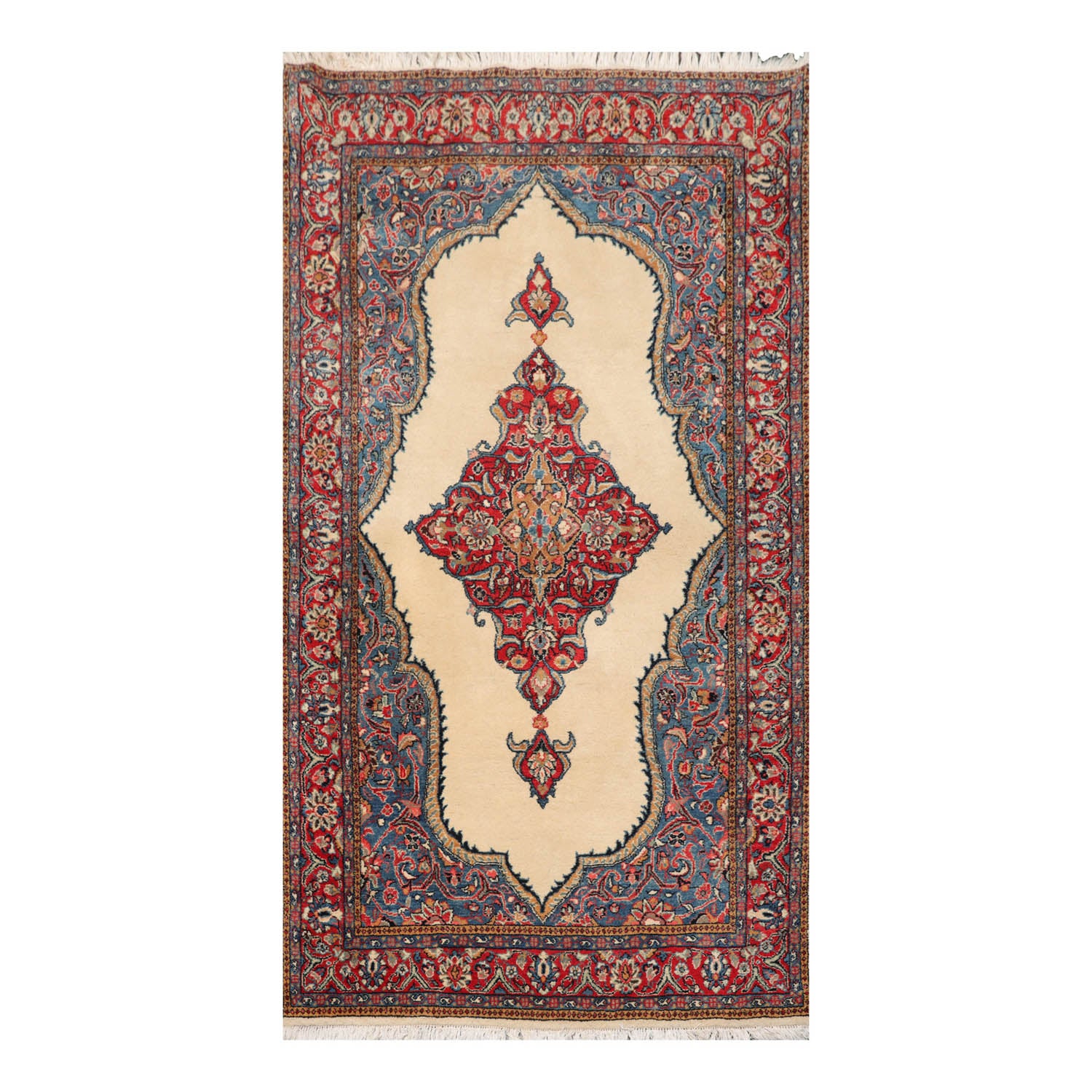 5x7 Ivory, Coral, Blue Color Hand Knotted All-Over 100% Wool Traditional Oriental Rug