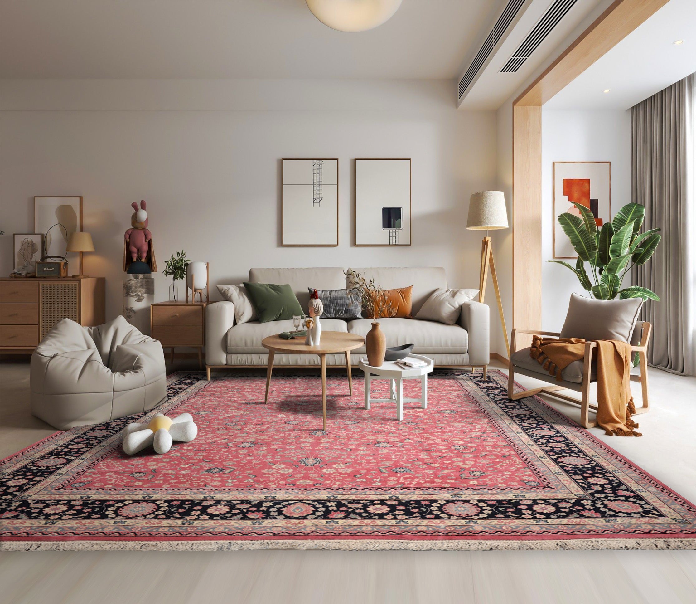 Palace Pink, Midnight Blue, Slate Color Hand Knotted All-Over 100% Wool Traditional Oriental Rug