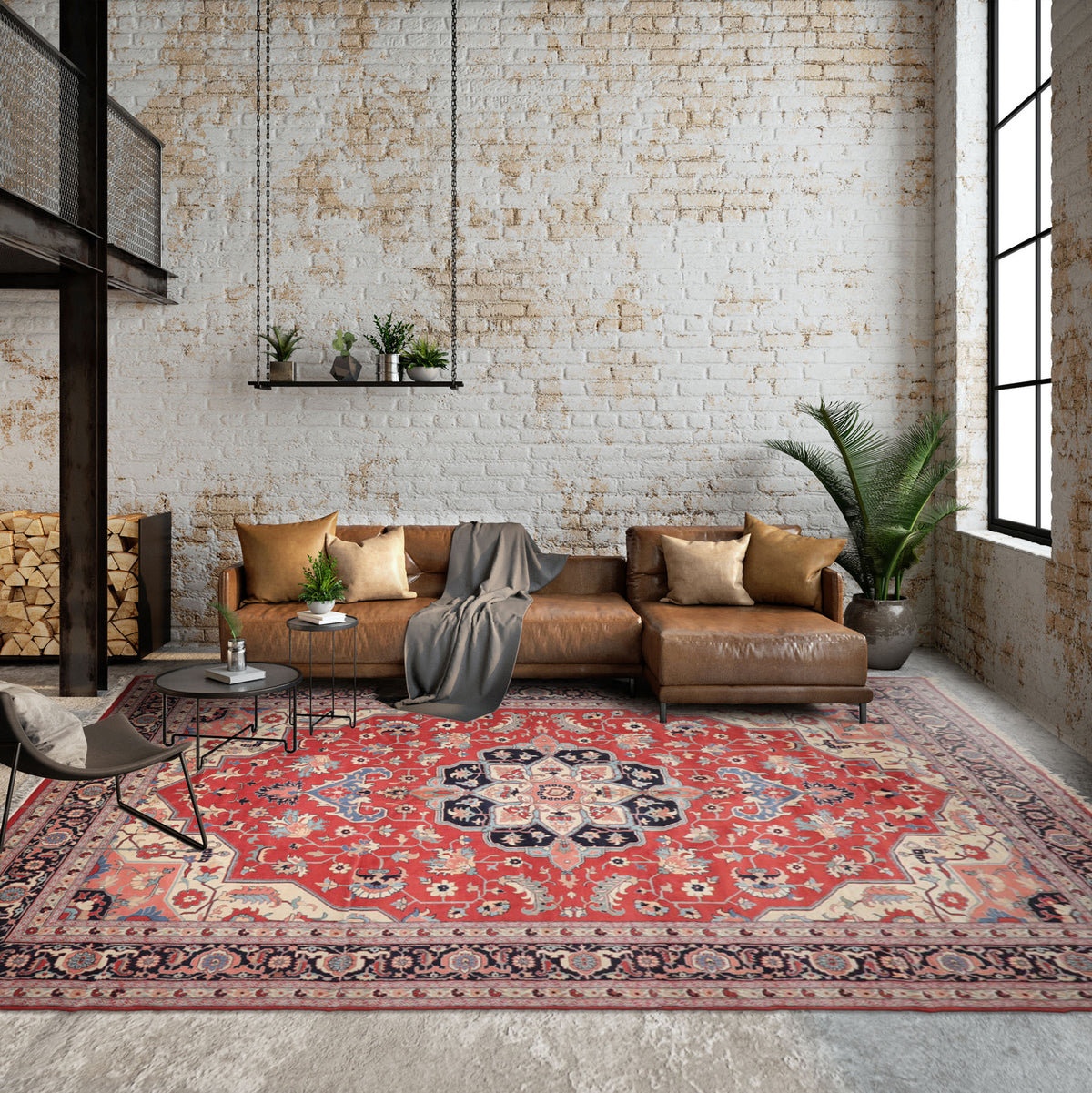 Palace Terracotta, Ivory, Midnight Blue Color Hand Knotted All-Over 100% Wool Traditional Oriental Rug