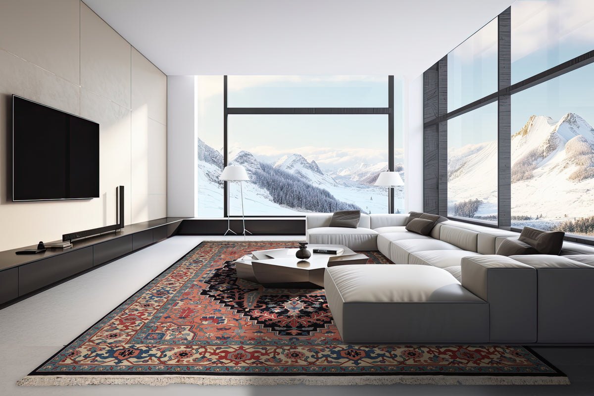 Palace Peach, Midnight Blue, Ivory Color Hand Knotted All-Over 100% Wool Traditional Oriental Rug