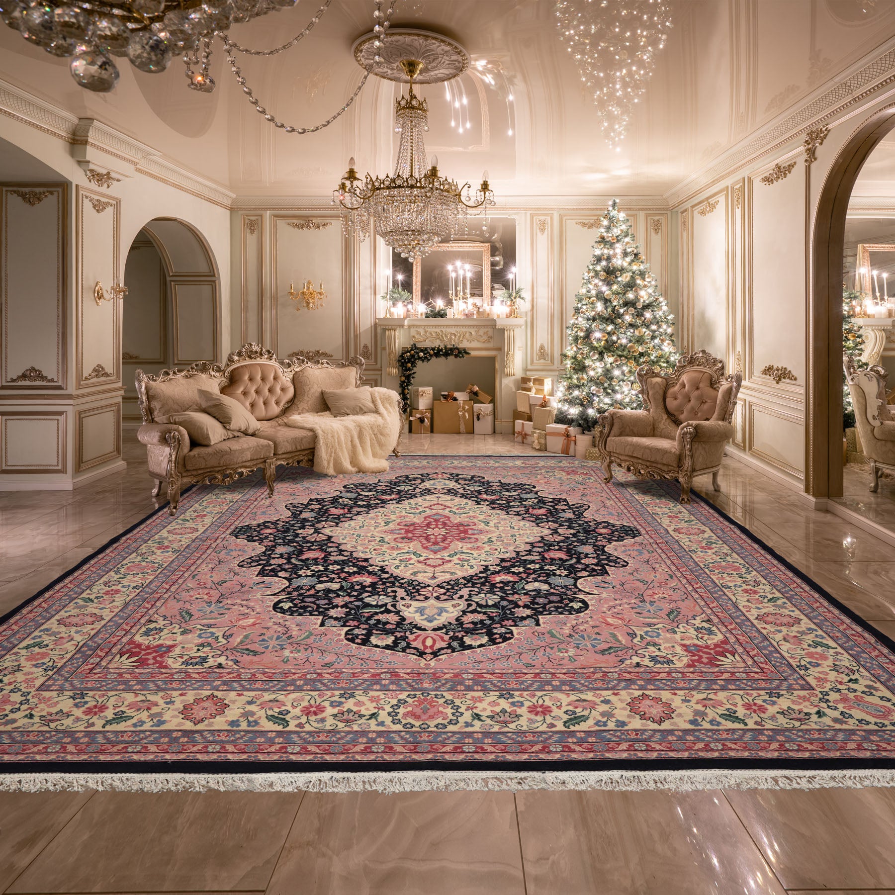 Palace Midnight Blue, Ivory, Pale Pink Color Hand Knotted Persian 100% Wool Traditional Oriental Rug