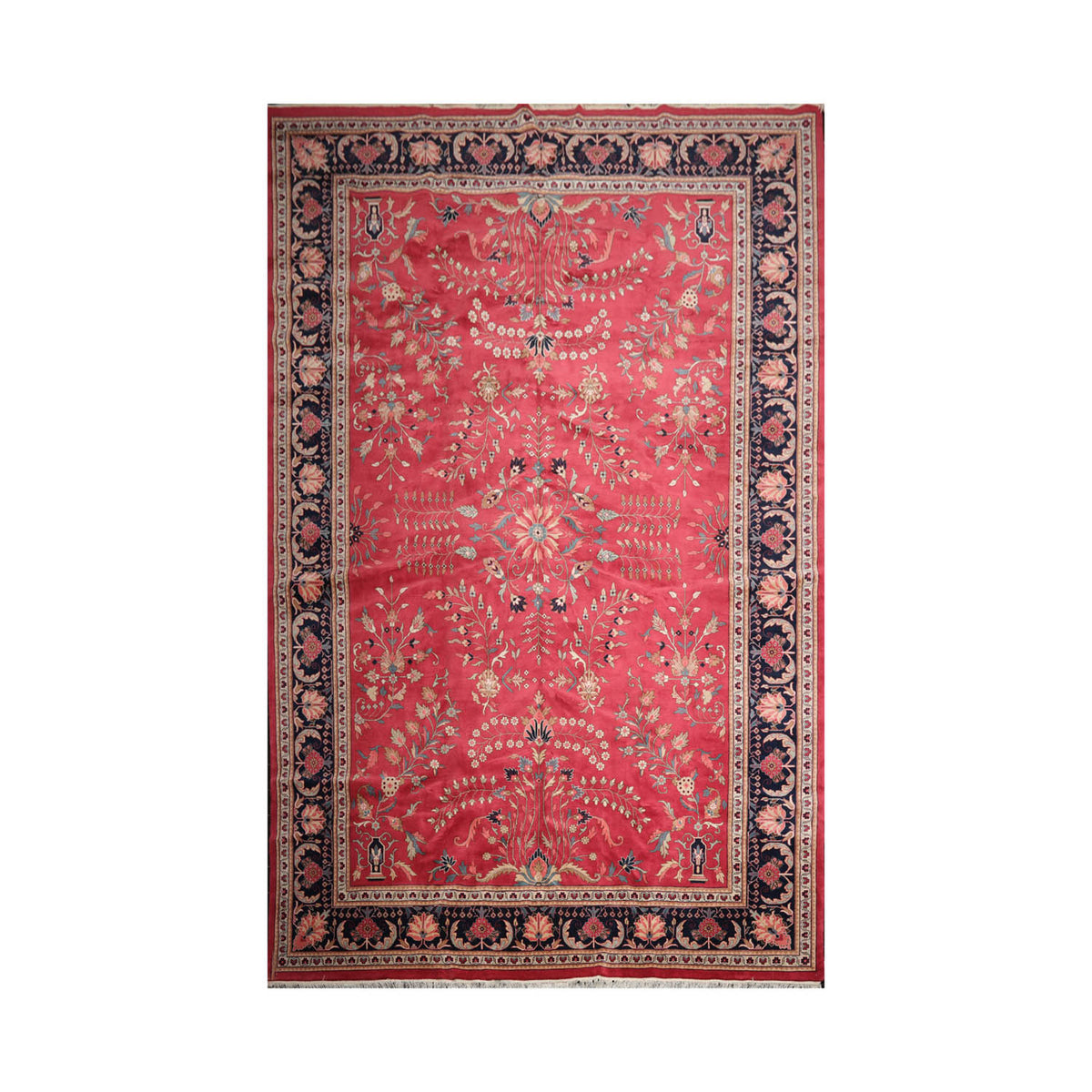 Palace Rose, Midnight Blue, Ivory Color Hand Knotted All-Over 100% Wool Traditional Oriental Rug