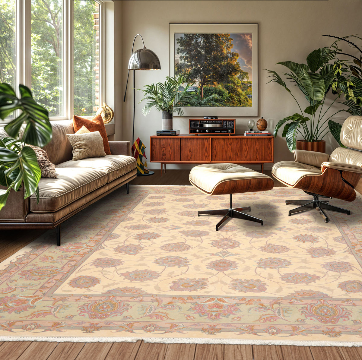 9x12 Ivory, Mint, Blue Color Hand Knotted All-Over 100% Wool Traditional-Persian/Oriental Oriental Rug