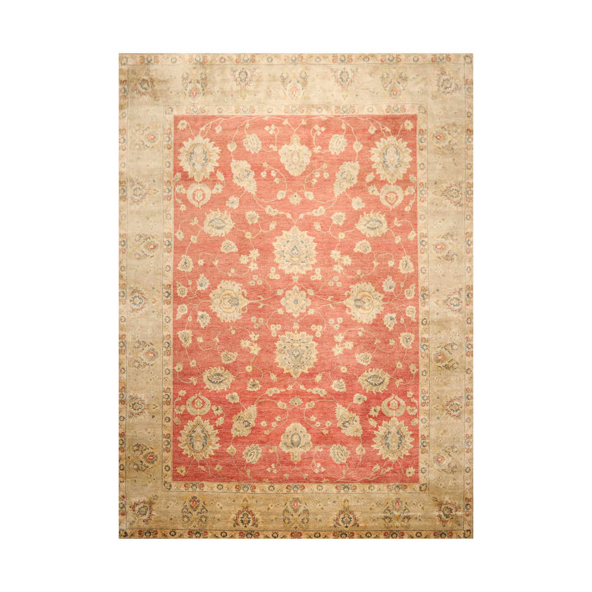 9x12 Coral, Beige, Blue Color Hand Knotted All-Over 100% Wool Traditional Oriental Rug