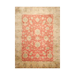 9x12 Coral, Beige, Blue Color Hand Knotted All-Over 100% Wool Traditional Oriental Rug