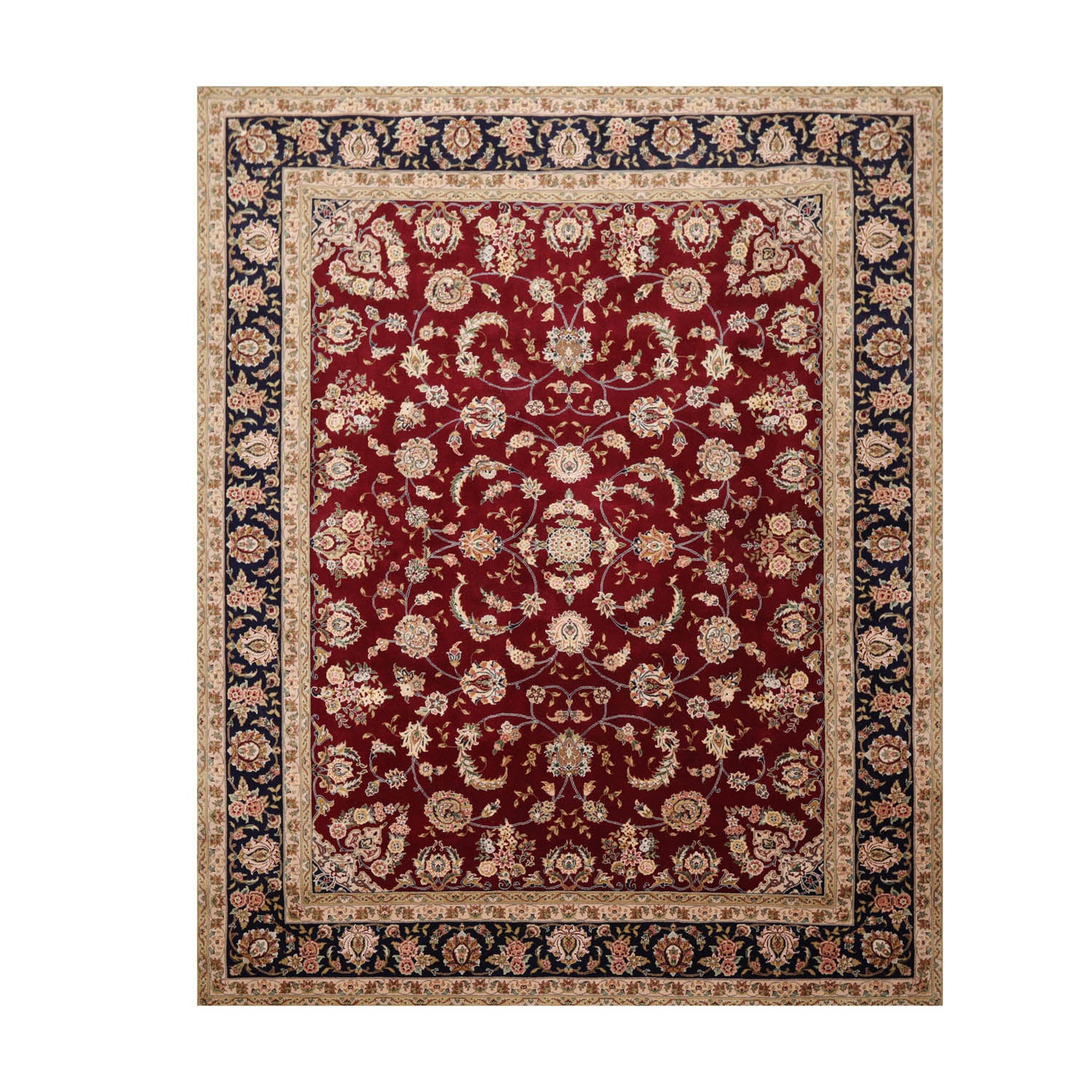 8x10 Burgundy, Navy, Beige Color Hand Knotted All-Over Wool & Silk Traditional Oriental Rug