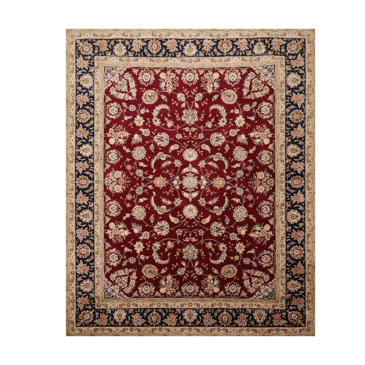 8x10 Burgundy, Navy, Beige Color Hand Knotted All-Over Wool & Silk Traditional Oriental Rug