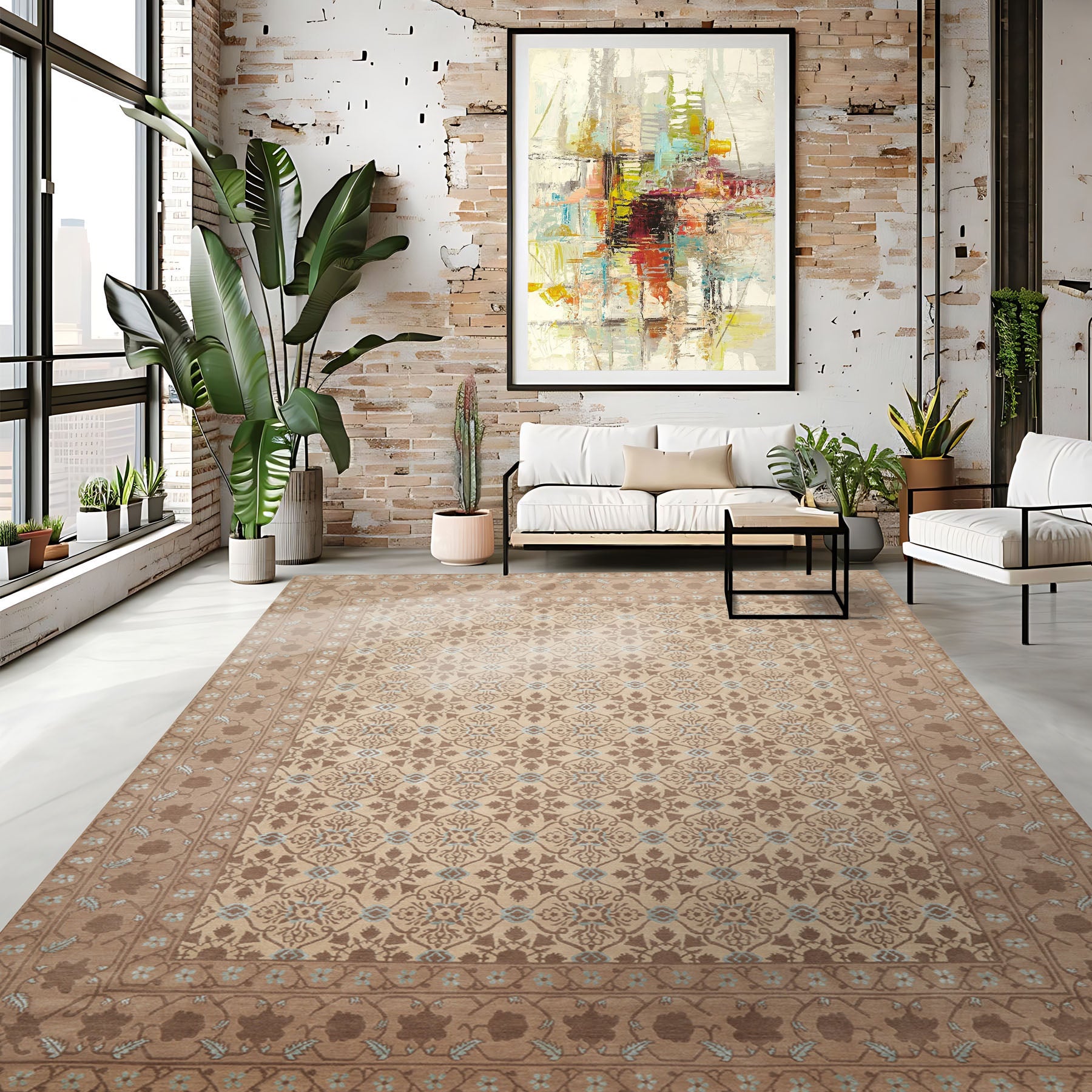 8x10 Beige, Brown, Blue Color Hand Knotted Persian Wool & Silk Transitional Oriental Rug