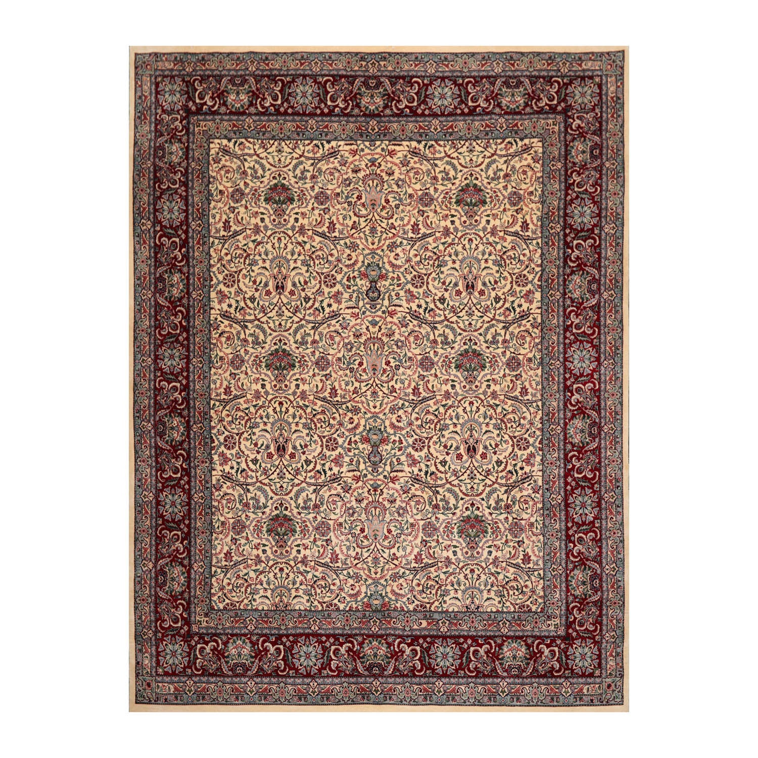 8x10 Ivory, Burgundy, Blue Color Hand Knotted All-Over 100% Wool Traditional Oriental Rug