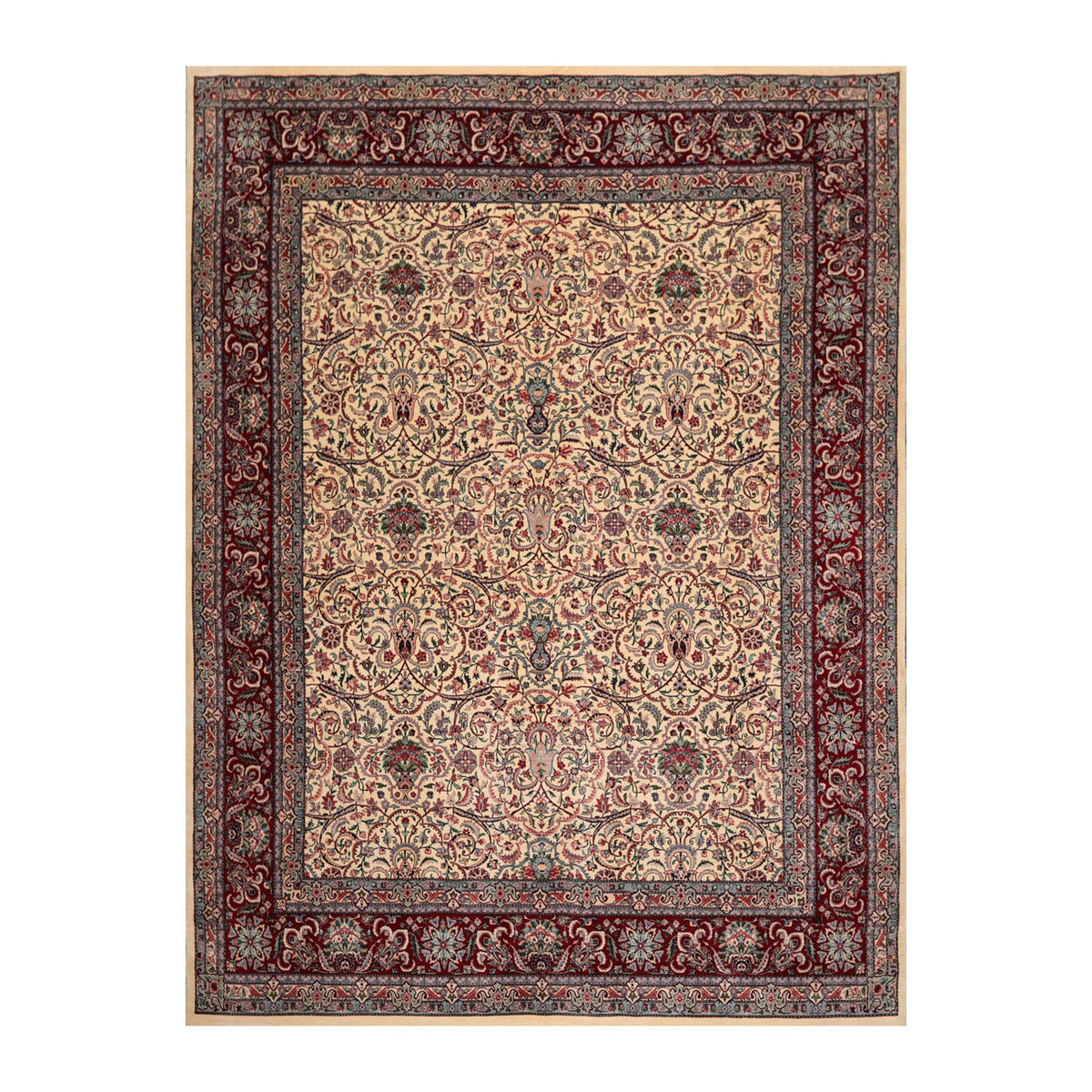 8x10 Ivory, Burgundy, Blue Color Hand Knotted All-Over 100% Wool Traditional Oriental Rug