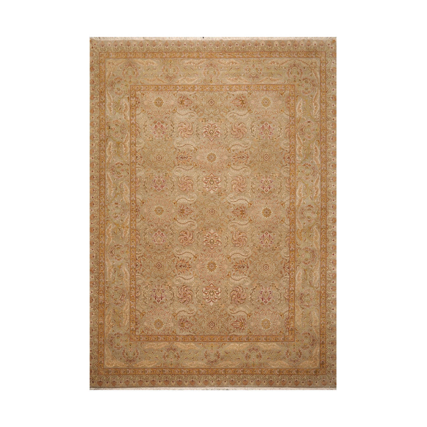 9x12 Moss, Gold, Rust Color Hand Knotted All-Over 100% Wool Traditional Oriental Rug