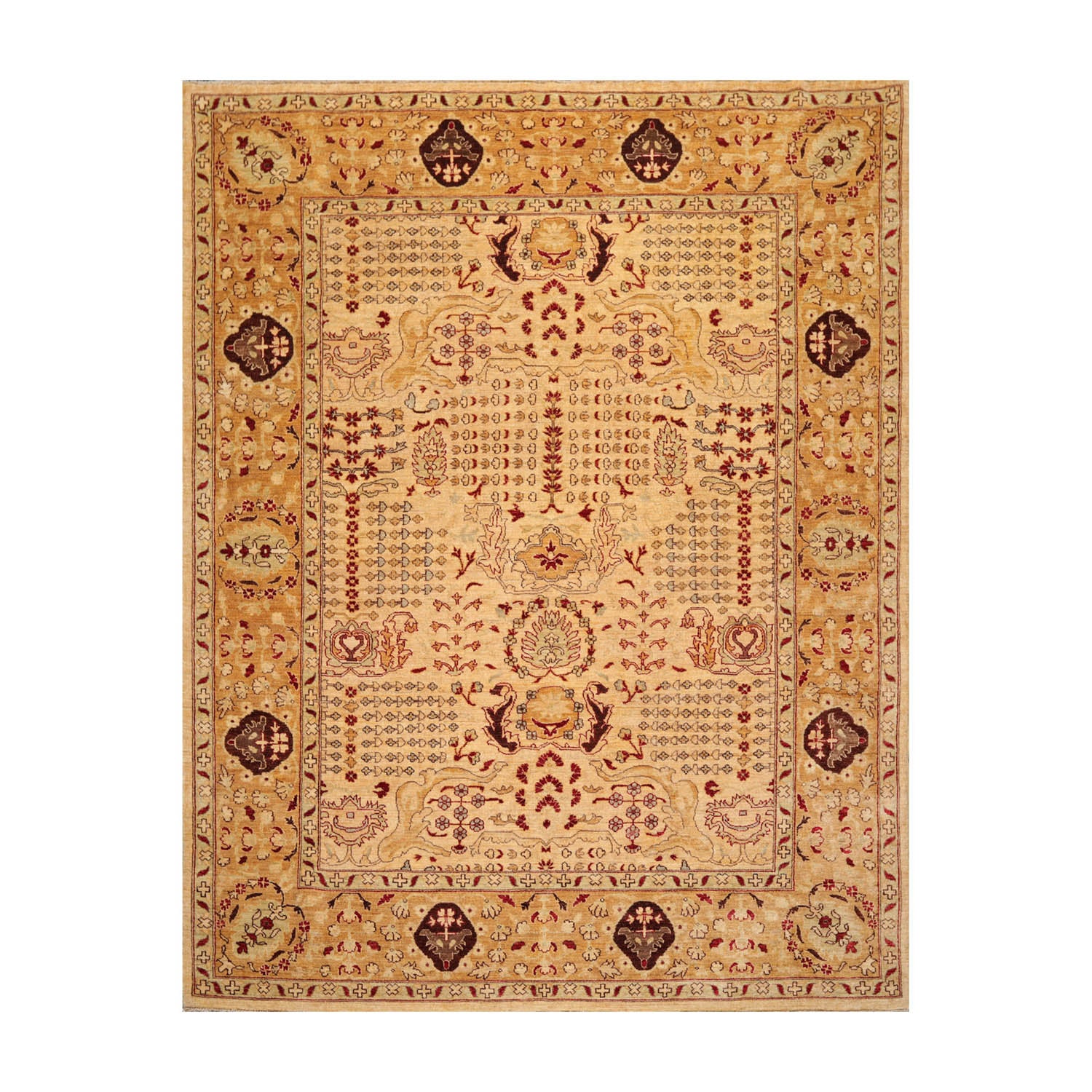 8x10 Gold, Gold, Rusty Red Color Hand Knotted All-Over 100% Wool Traditional Oriental Rug