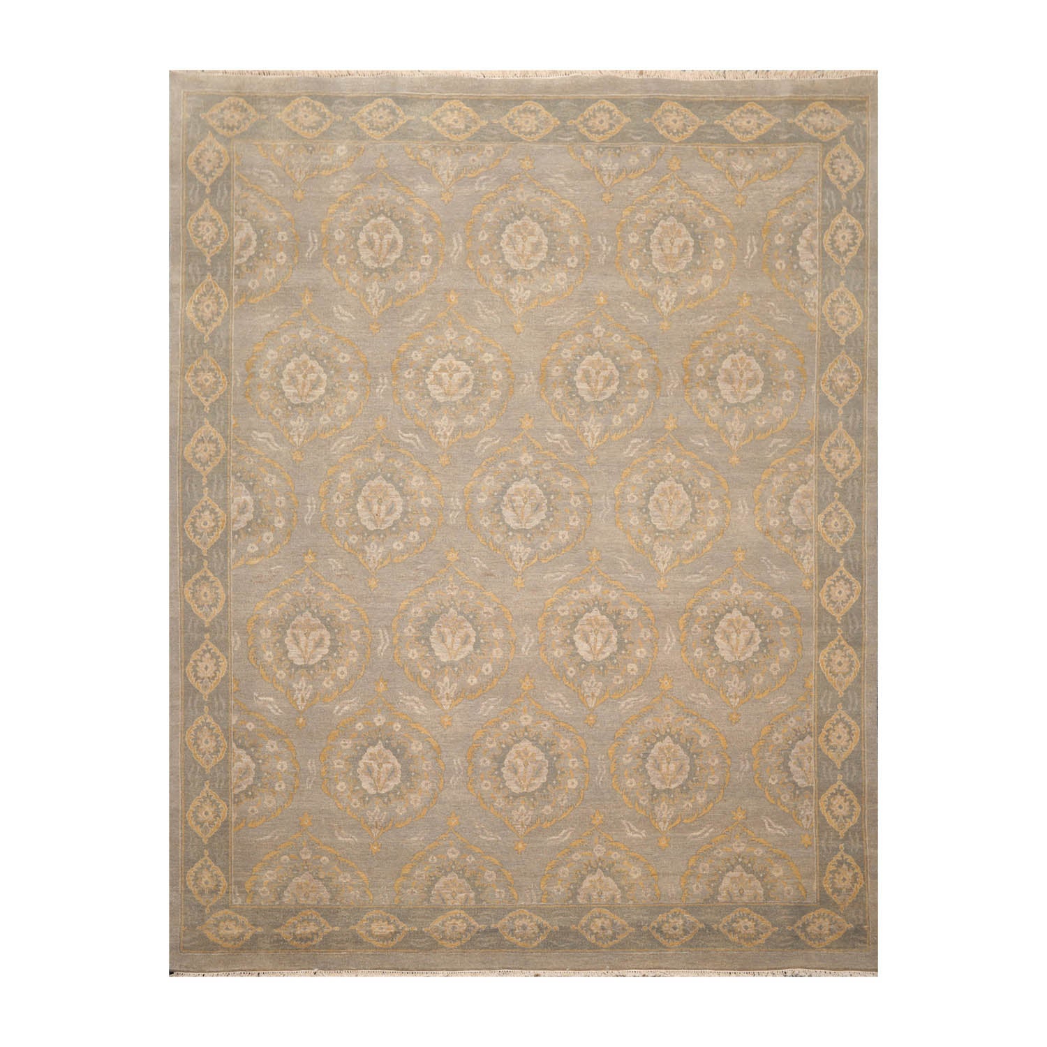 8x10 Gray, Slate, Gold Color Hand Knotted All-Over 100% Wool Traditional Oriental Rug