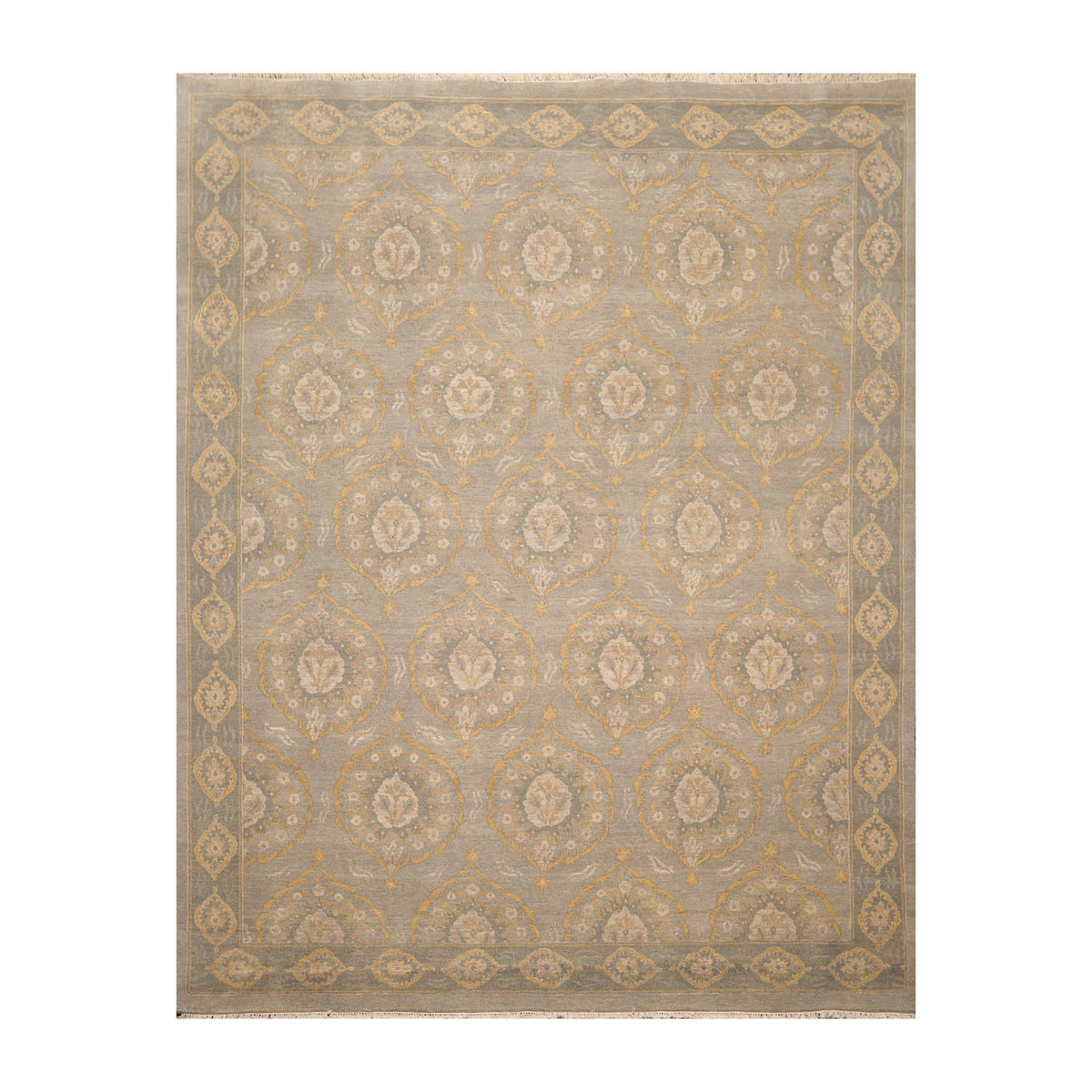 8x10 Gray, Slate, Gold Color Hand Knotted All-Over 100% Wool Traditional Oriental Rug