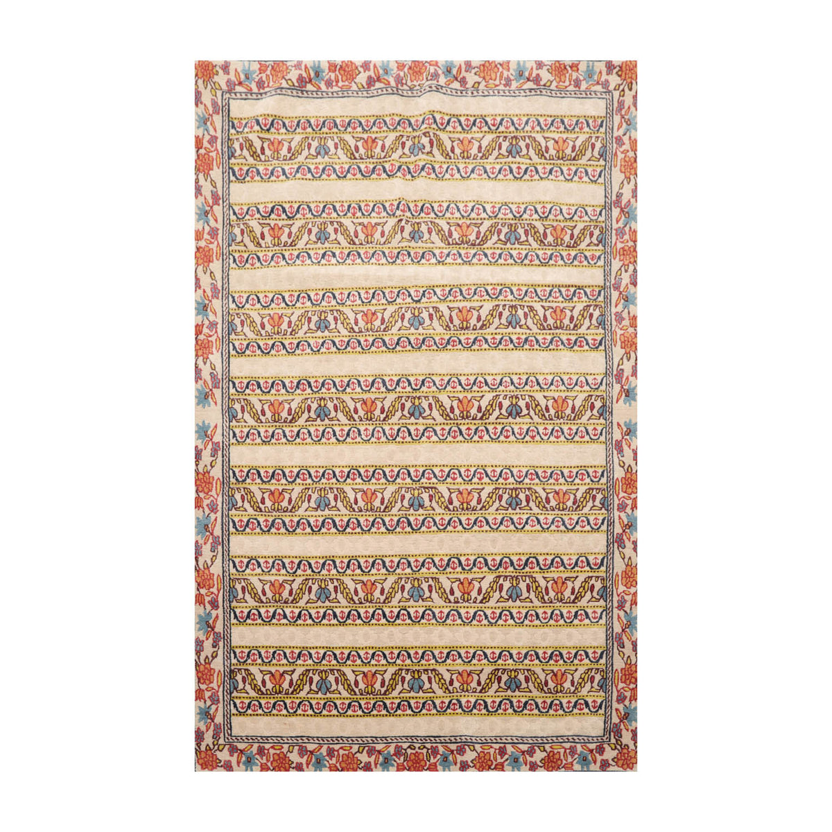 4x6 Beige, Blue, Mustard Color Hand Knotted All-Over 100% Wool Transitional Oriental Rug