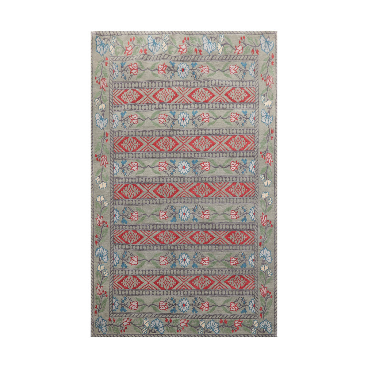 4x6 Celadon, Gray, Burnt Orange Color Hand Knotted All-Over 100% Wool Transitional Oriental Rug