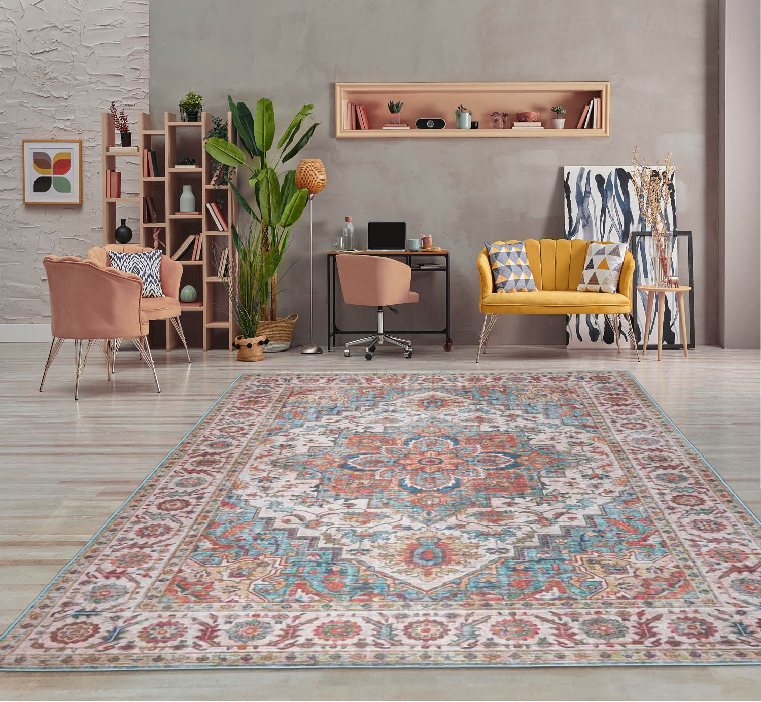 Multi Size  Aqua Beige Rust Color Machine Made Flatweave Polyester Traditional Oriental Rug