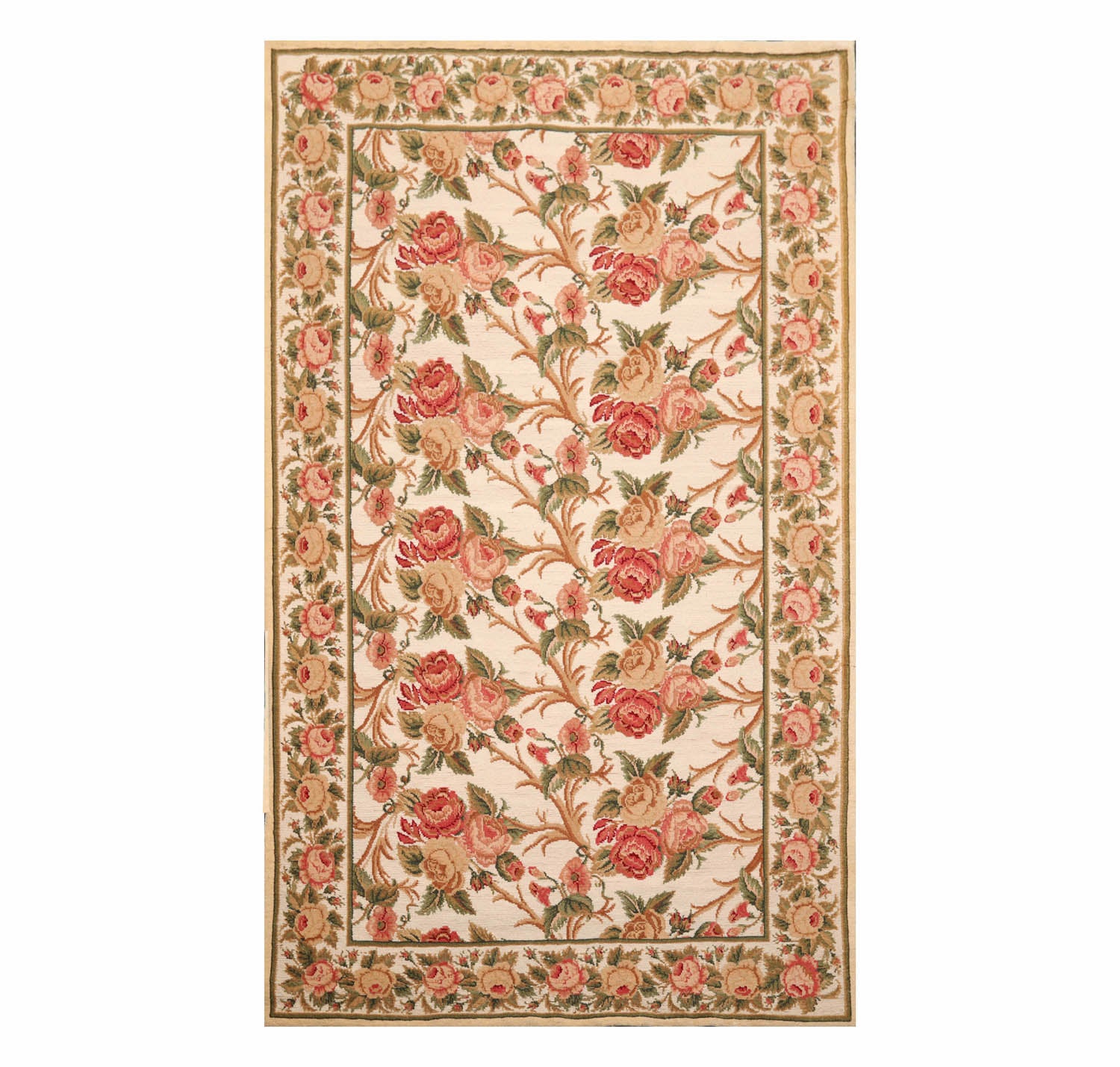 6x9 Beige, Rose, Green Color Hand Knotted All-Over 100% Wool Traditional Oriental Rug