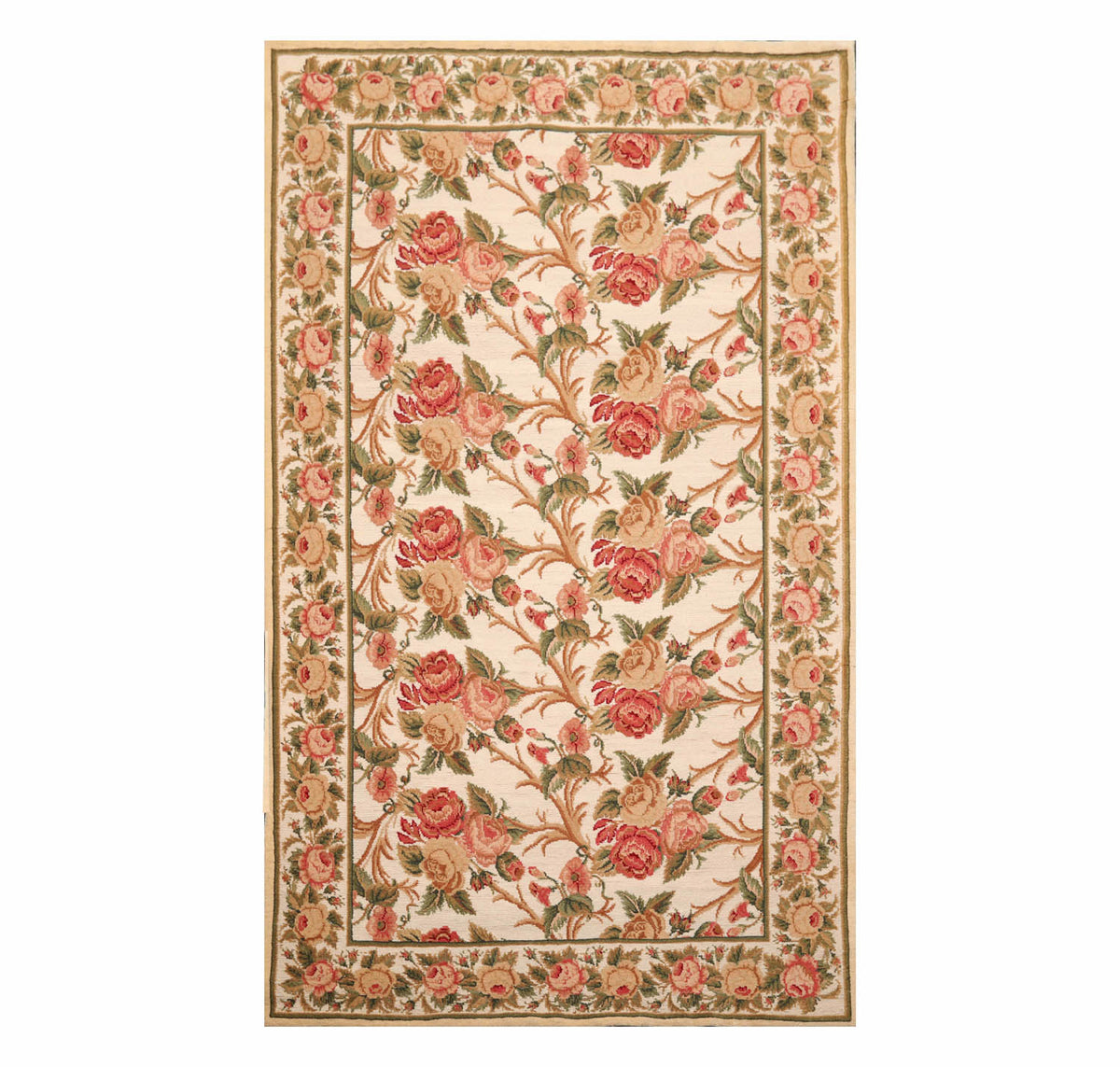 6x9 Beige, Rose, Green Color Hand Knotted All-Over 100% Wool Traditional Oriental Rug