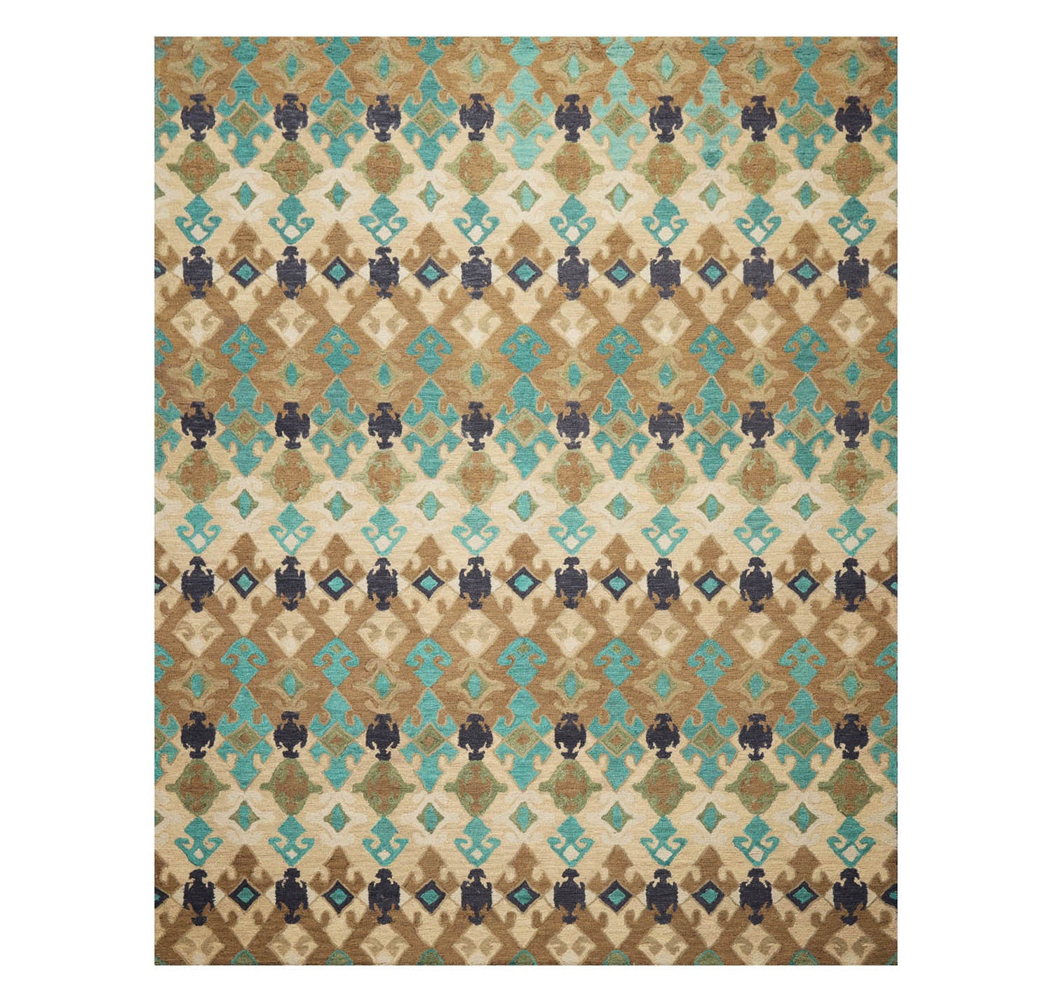 Multi Size Beige Brown Turquoise Color Hand Tufted All-Over Wool & Silk Modern Oriental Rug