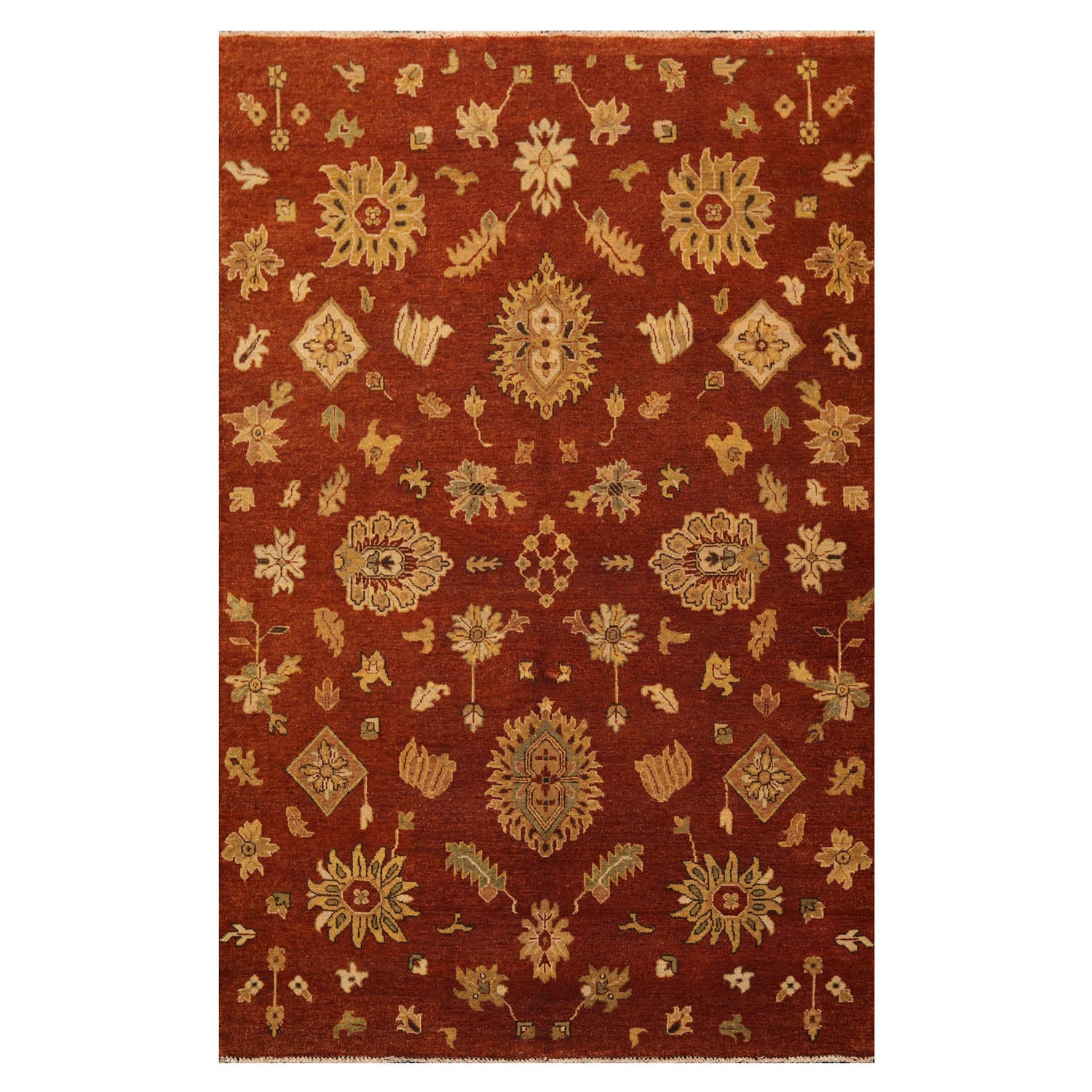 6x9 Burnt Orange, Gold, Aqua Color Hand Knotted All-Over 100% Wool Traditional Oriental Rug