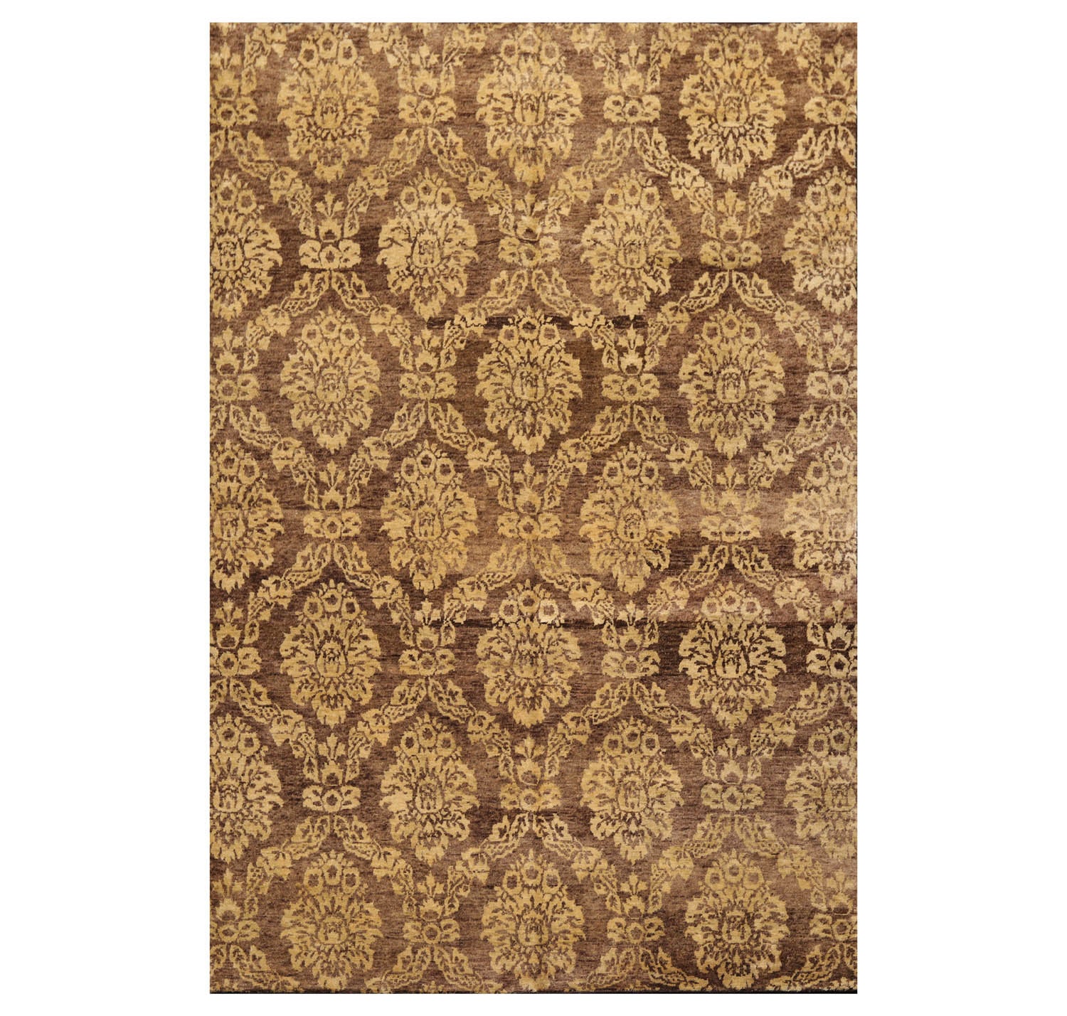 6x9 Brown, Light Gold, Color Hand Knotted All-Over 100% Wool Transitional Oriental Rug