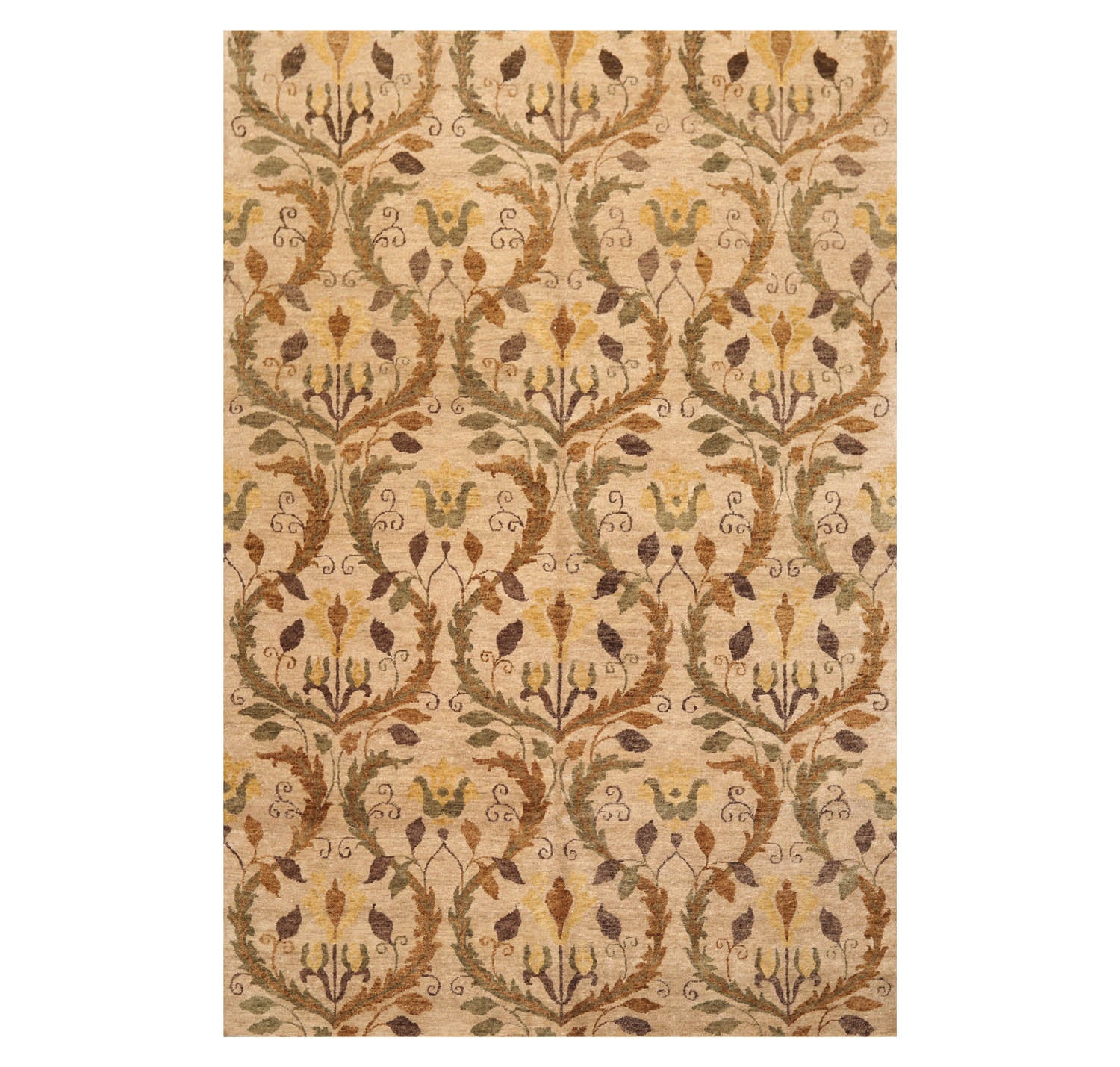6x9 Tan, Brown, Olive Color Hand Knotted All-Over 100% Wool Traditional Oriental Rug