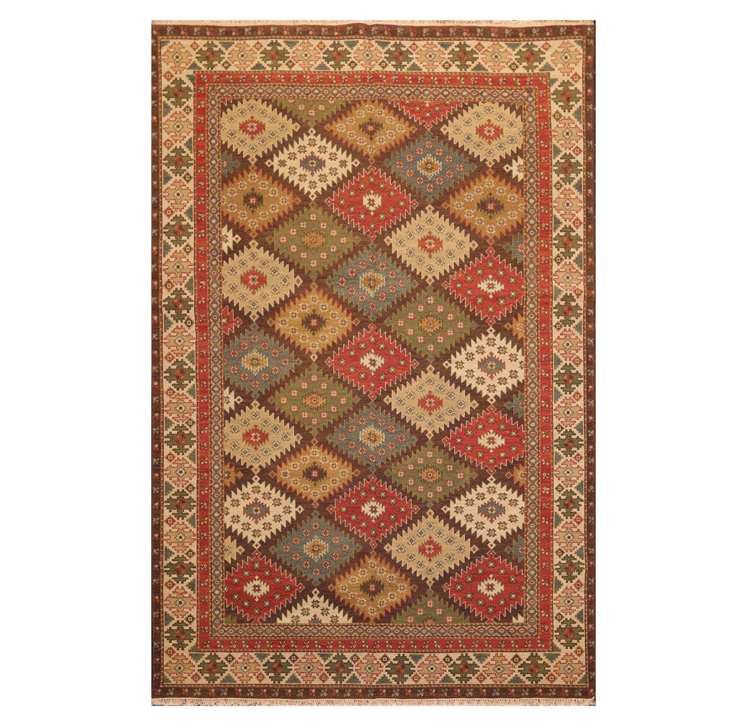 6x9 Beige, Rust, Sage Color Hand Knotted All-Over 100% Wool Traditional Oriental Rug