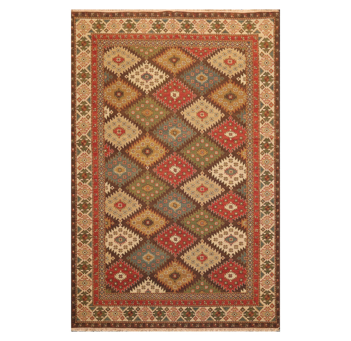 6x9 Beige, Rust, Sage Color Hand Knotted All-Over 100% Wool Traditional Oriental Rug