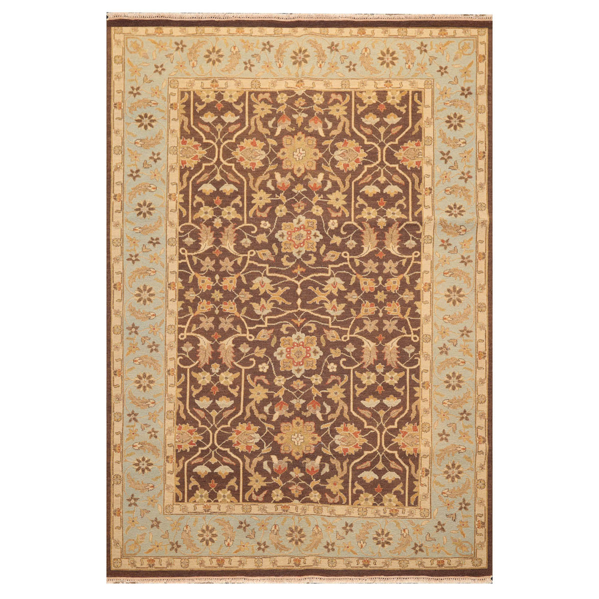 6x9 Brown, Aqua, Beige Color Hand Knotted All-Over 100% Wool Traditional Oriental Rug