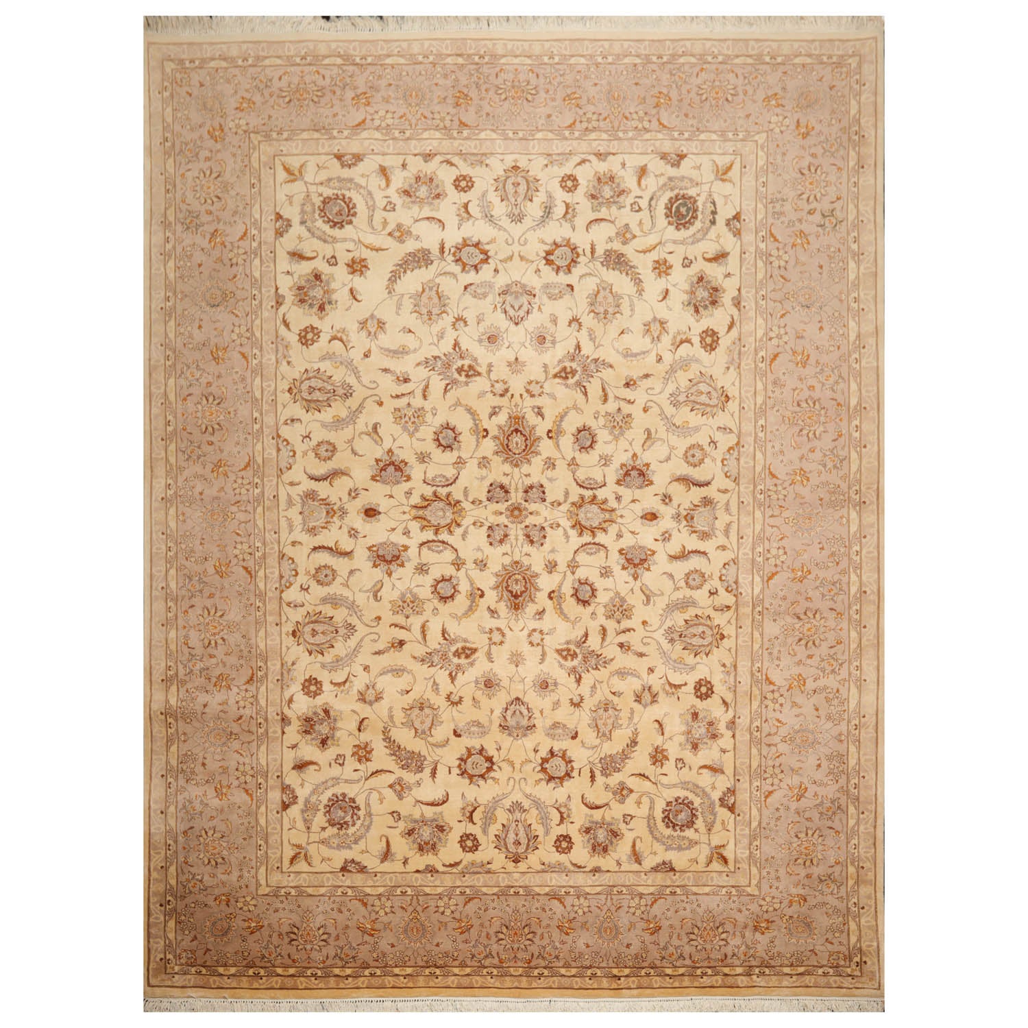 9x12 Ivory, Taupe, Brown Color Hand Knotted All-Over 100% Wool Traditional Oriental Rug