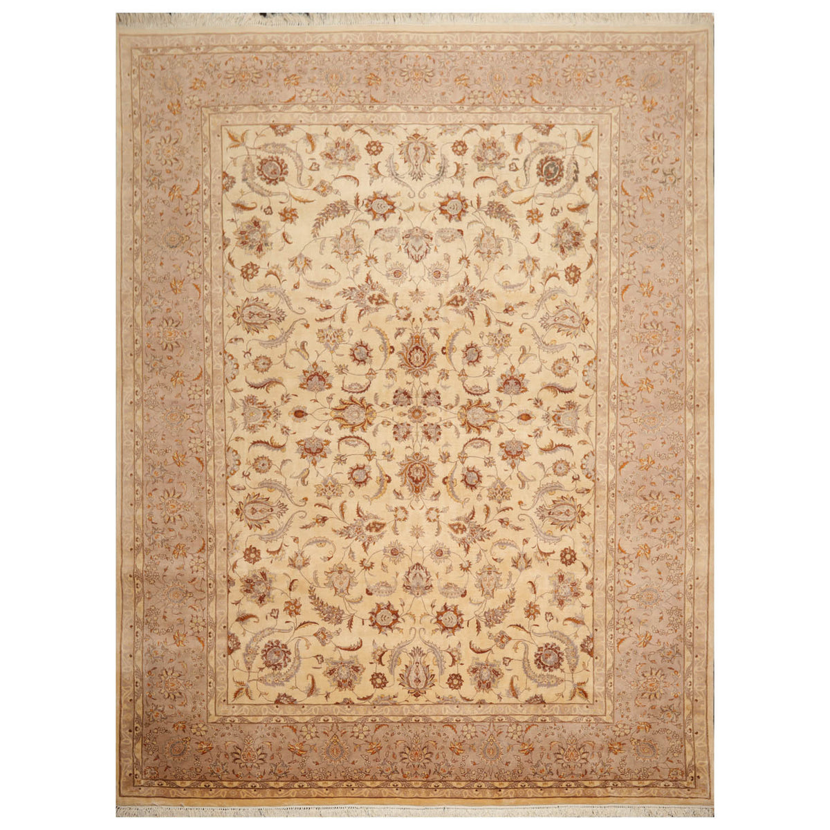 9x12 Ivory, Taupe, Brown Color Hand Knotted All-Over 100% Wool Traditional Oriental Rug