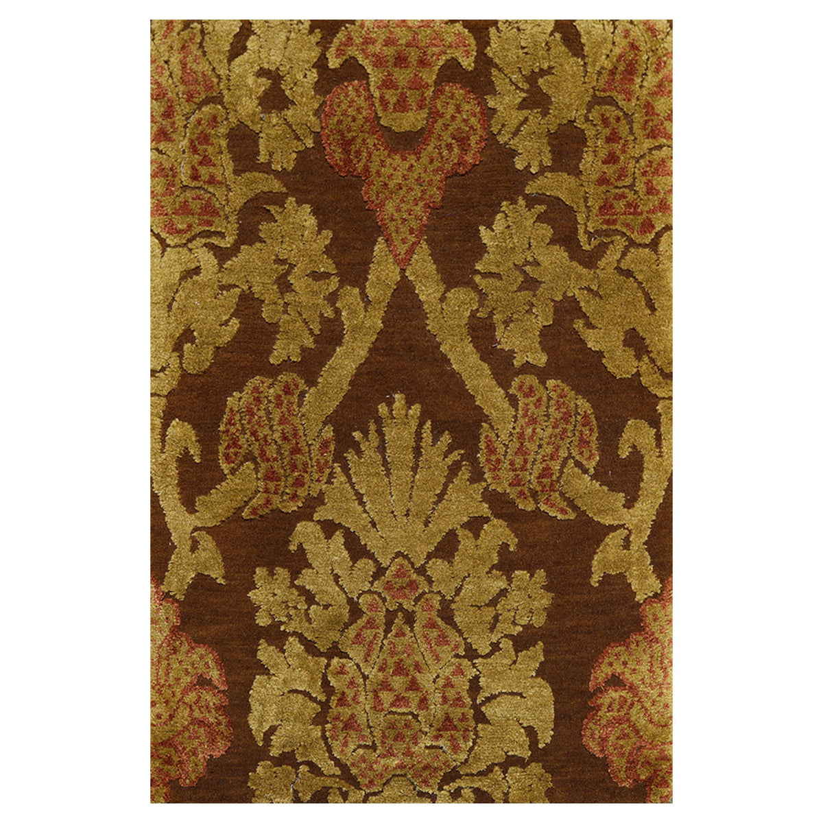 2x3 Brown, Mustard, Rust Color Hand Knotted All-Over Wool & Silk||Wool Transitional Oriental Rug