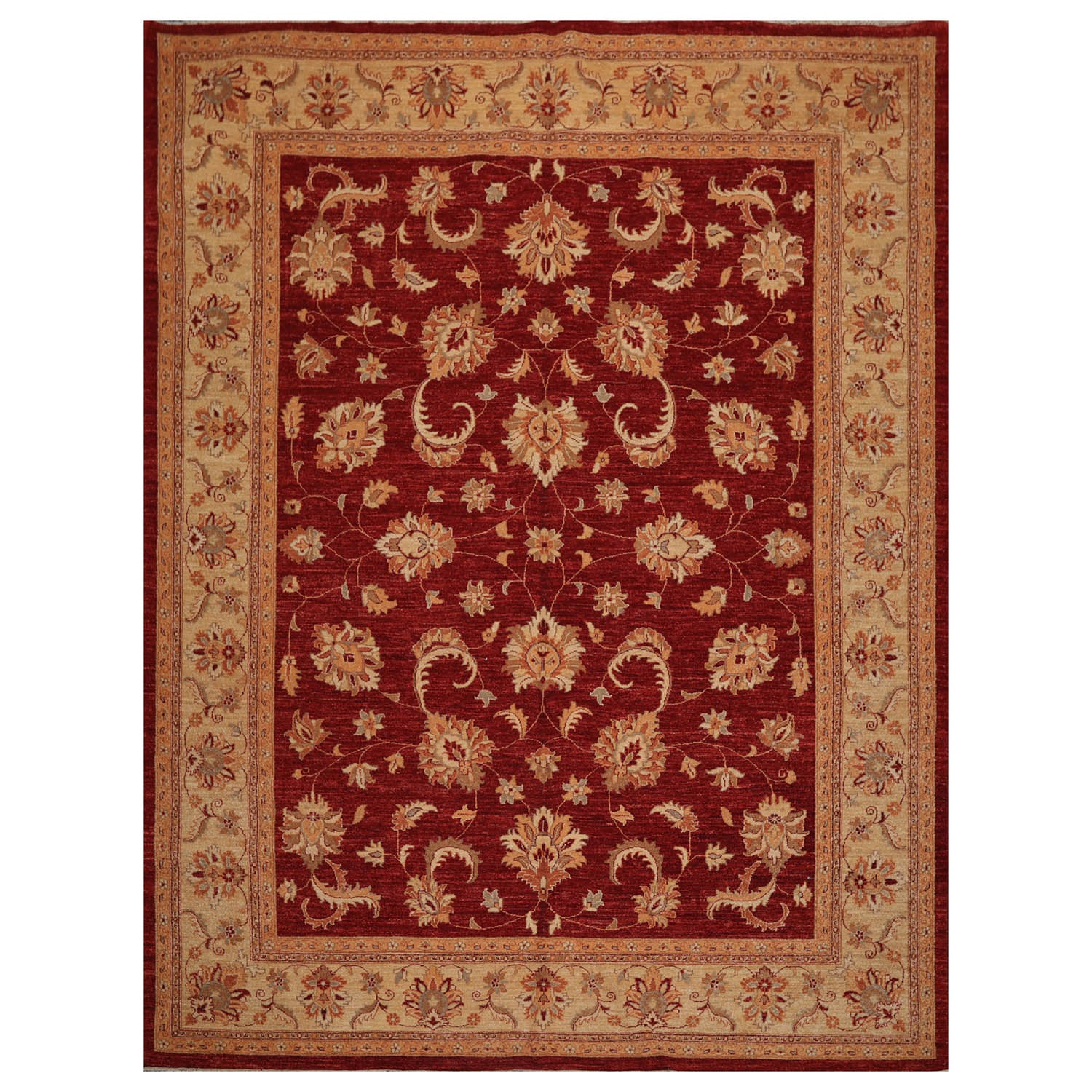 9x12 Red, Light Gold, Peach Color Hand Knotted All-Over 100% Wool Traditional Oriental Rug