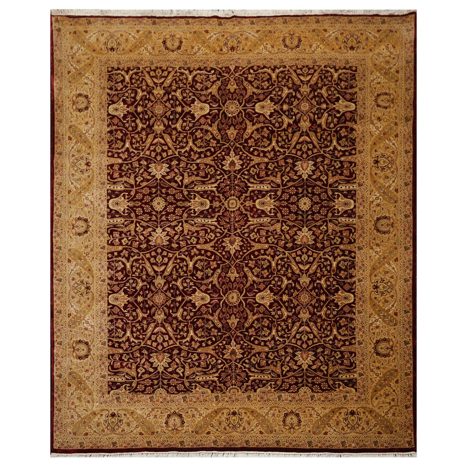 8x10 Burgundy, Light Gold, Brown Color Hand Knotted All-Over 100% Wool Traditional Oriental Rug