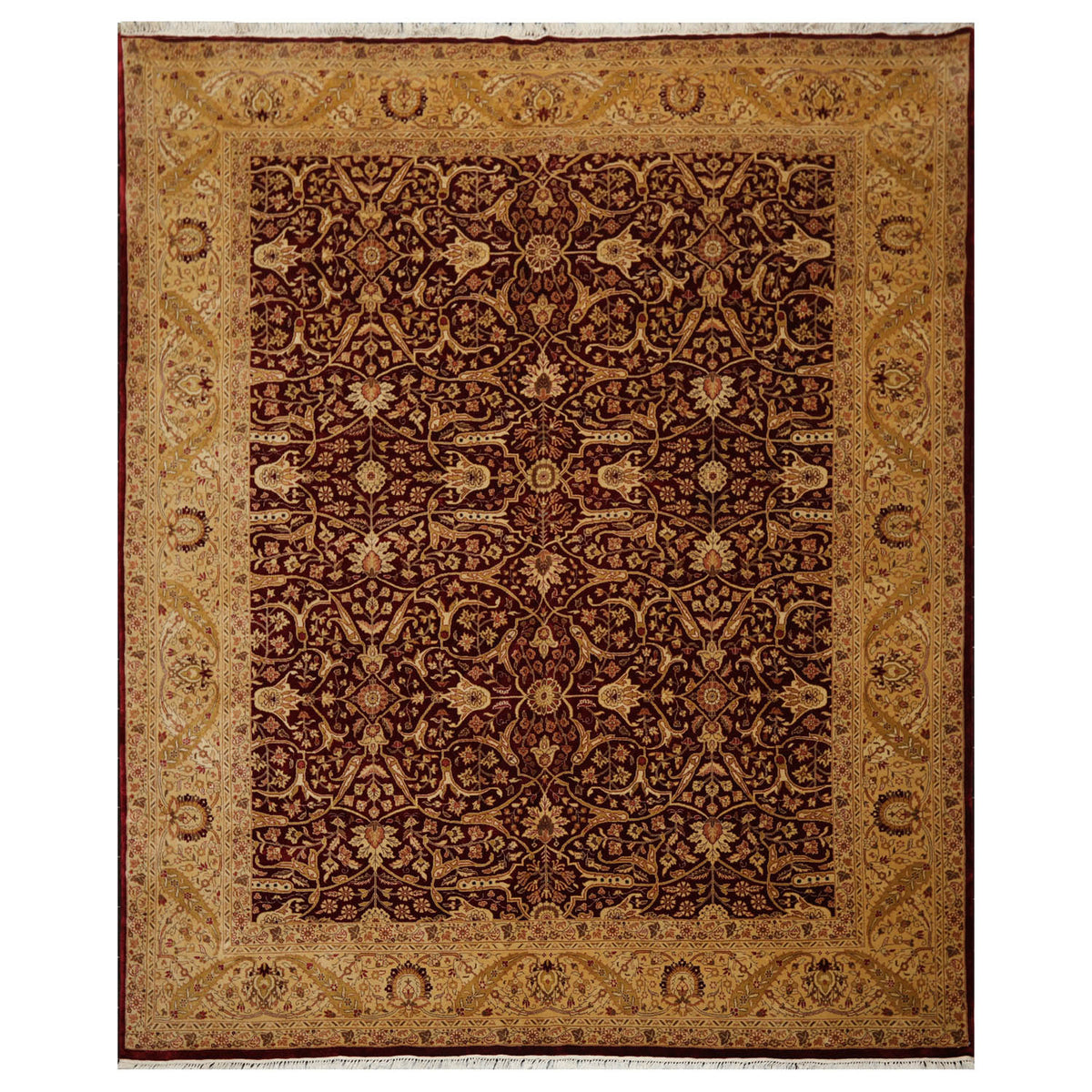 8x10 Burgundy, Light Gold, Brown Color Hand Knotted All-Over 100% Wool Traditional Oriental Rug
