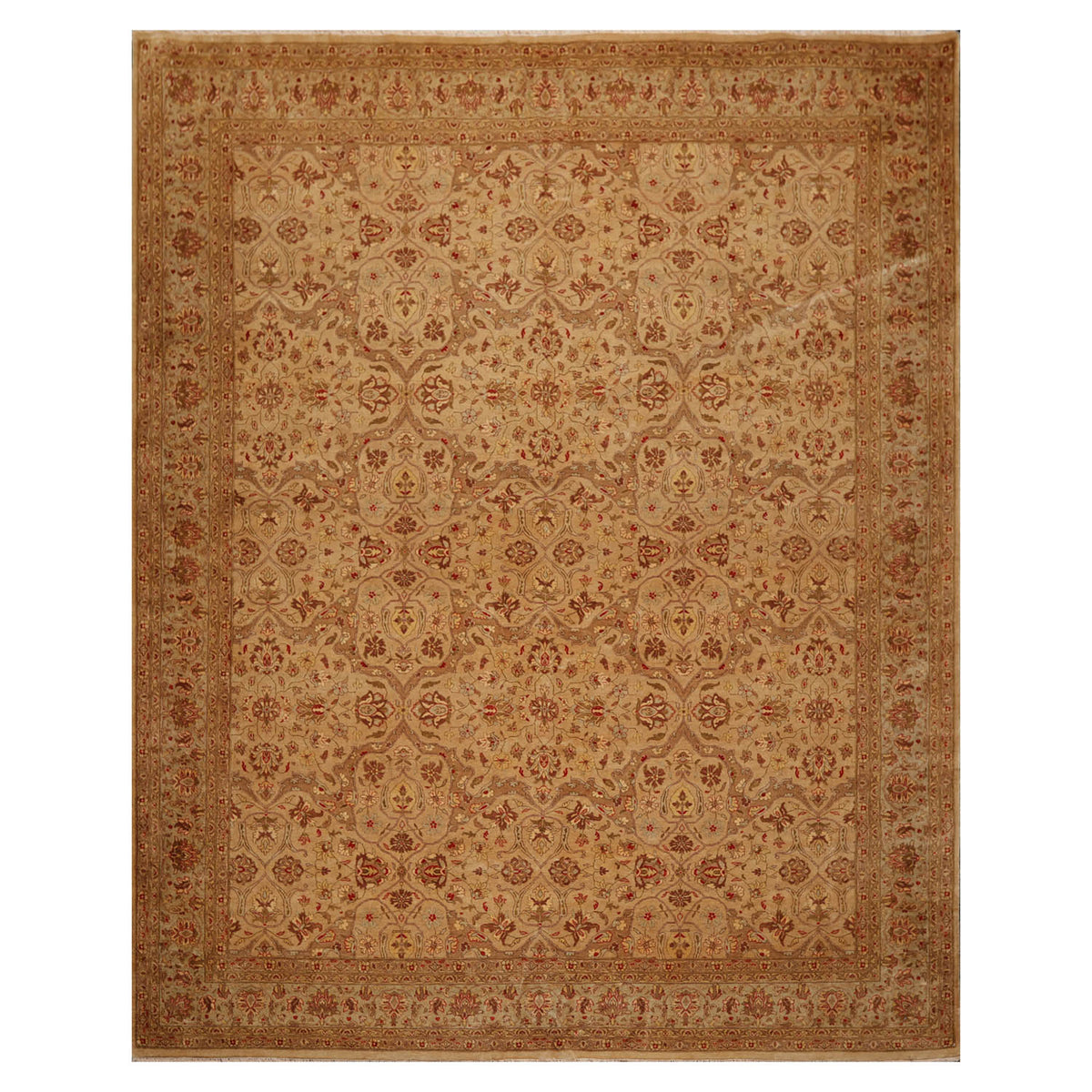 8x10 Tan, Brown, Coral Color Hand Knotted All-Over 100% Wool Traditional Oriental Rug